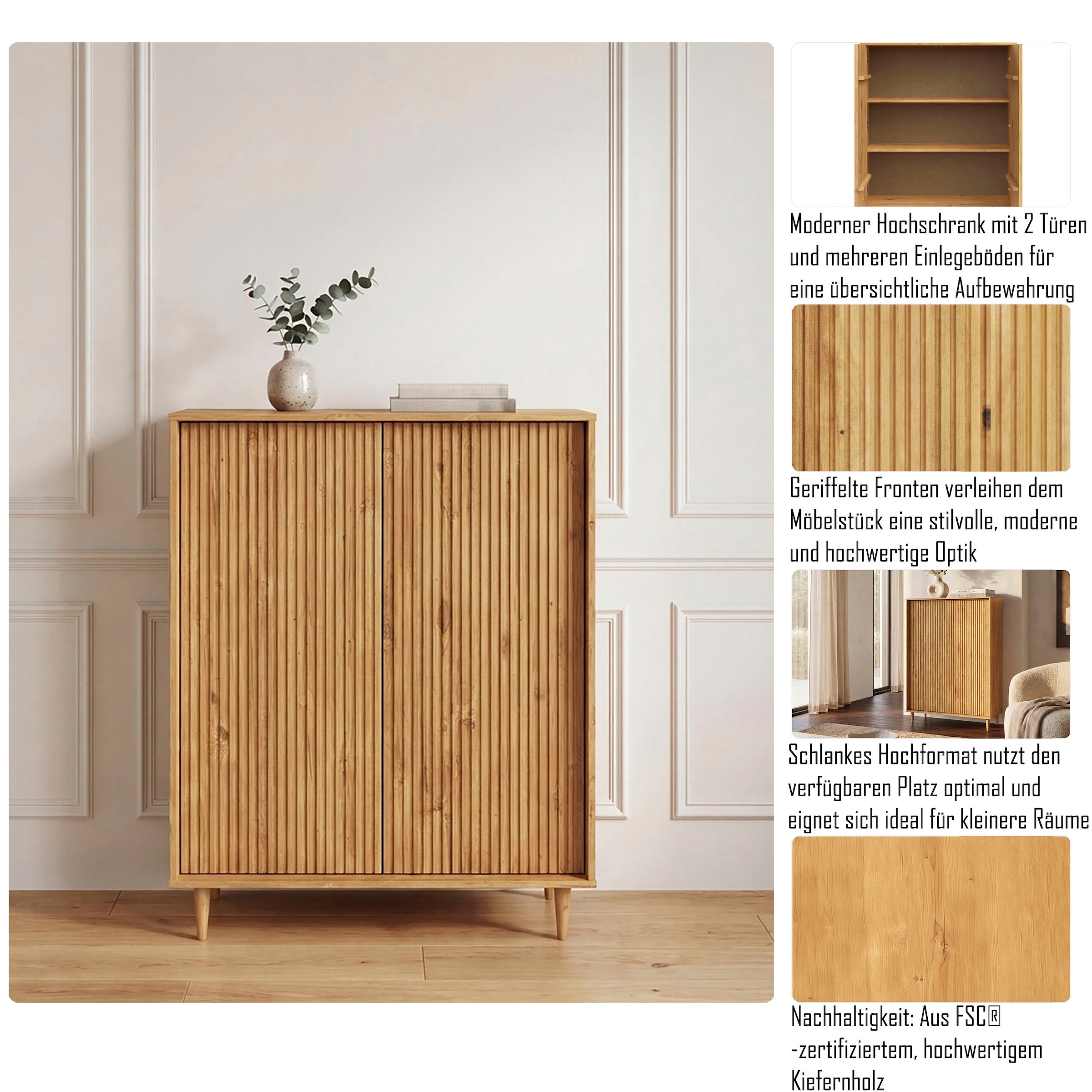 GOODproduct Buffet haut »Malmedy Front mit gefrästen Rillen« commode armoire moyenne en pin massif, push-to-open, L 100 cm