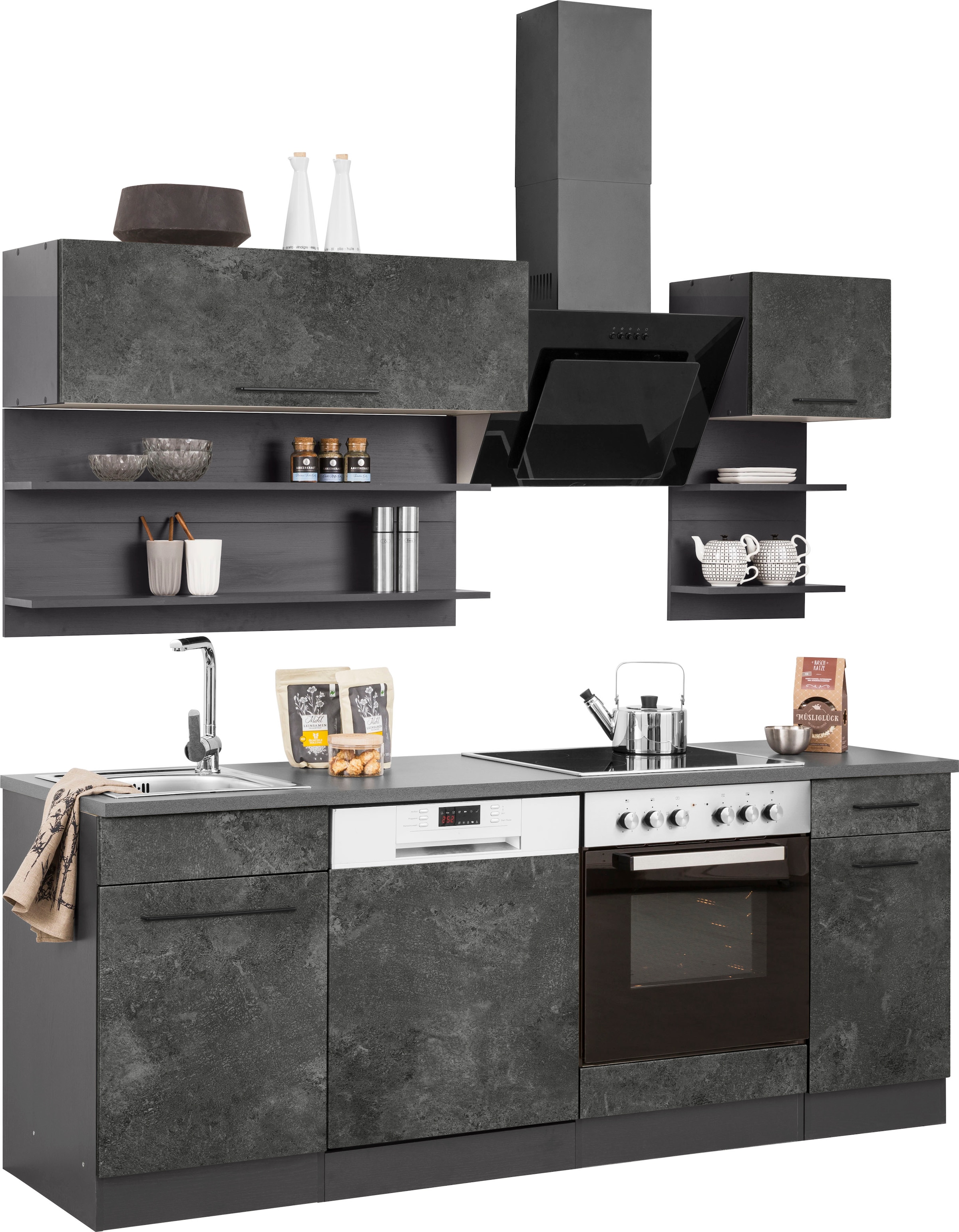 KOCHSTATION Küchenzeile »KS-Tulsa« ohne E-Geräte, Breite 210 cm, schwarze Metallgriffe, MDF Fronten