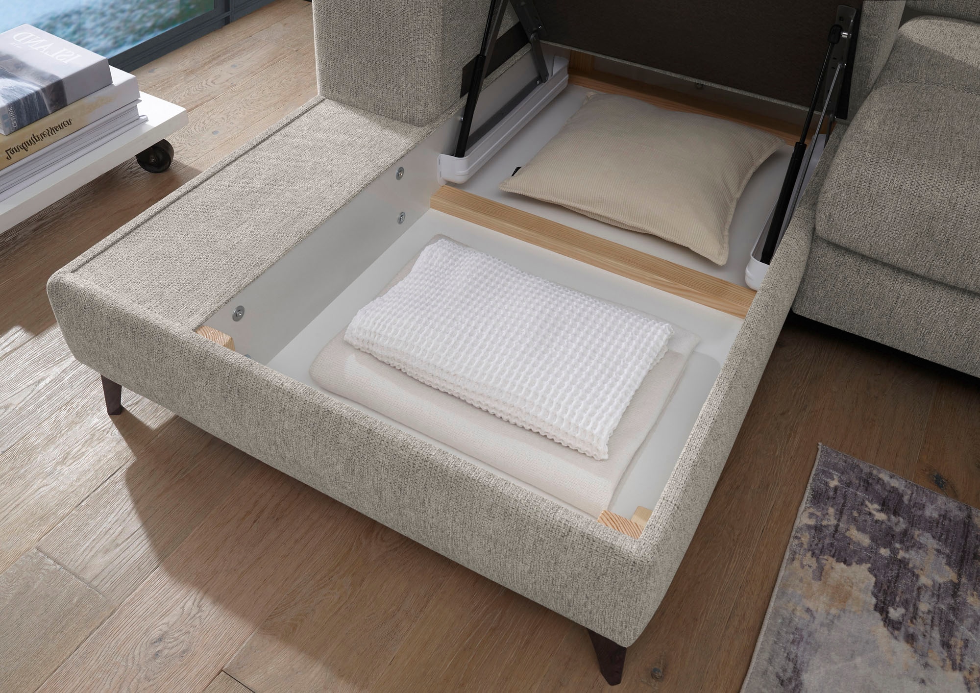 ED EXCITING DESIGN Canapé d'angle »Sydney L-Form« mit Bettfunktion, Bettkasten, Kopfteilverstellung & 2 Zierkissen