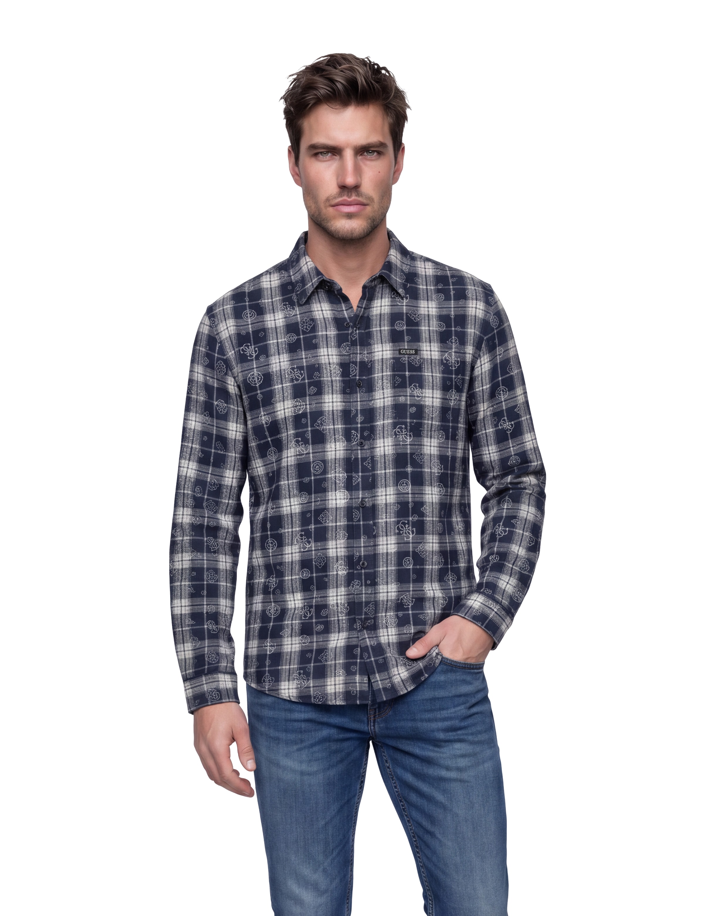 Guess Chemise à manches longues »OCEAN COAST PLAID« Kentkragen, reine Baumwolle, gewebtes Karo Design