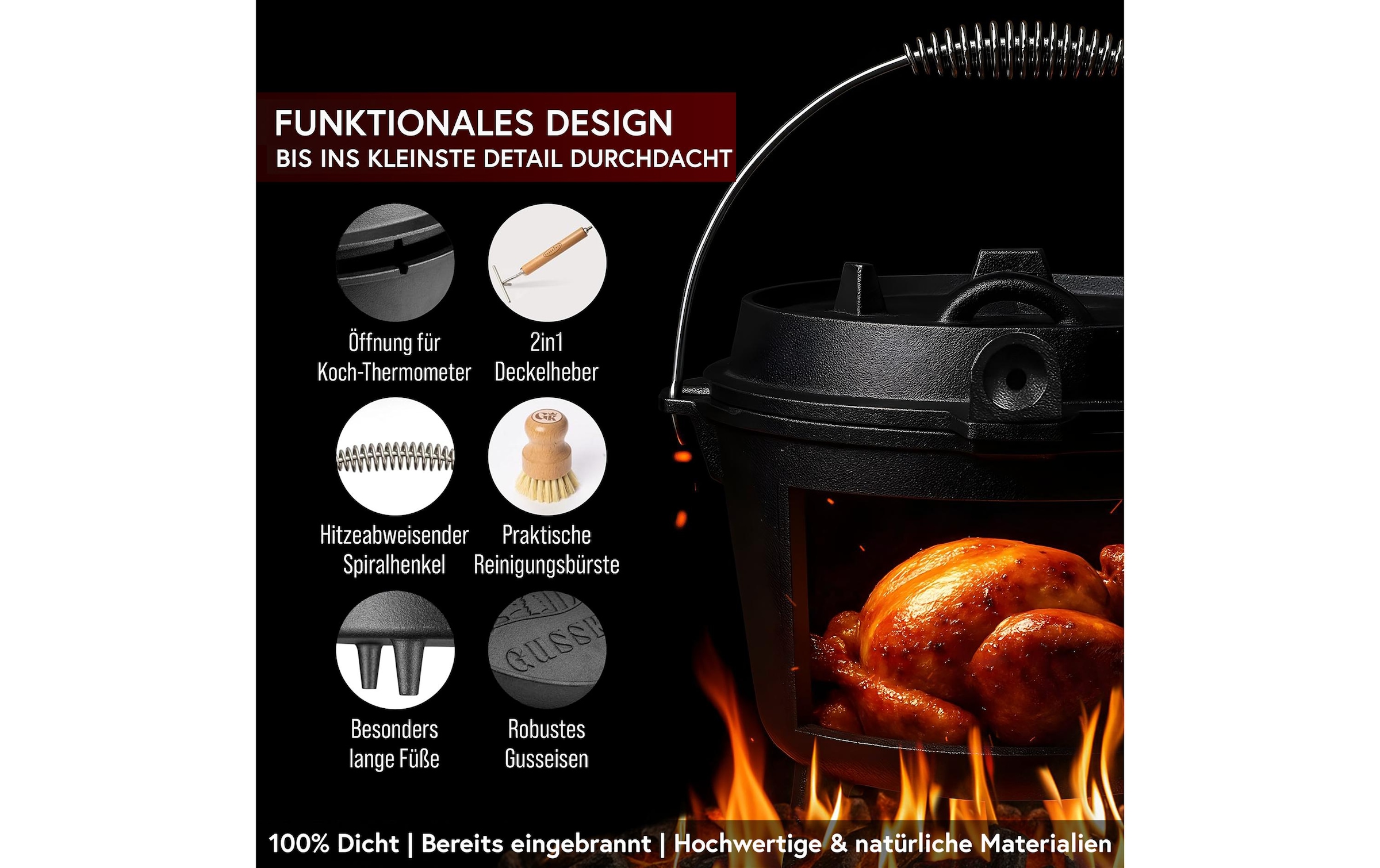   Grilltopf »Gusskoenig Dutch Oven Set 4,5 l mit Deckelheber, Bürste« Gusseisen Set mit 2in1 Deckelheber und Reinigungsbürste