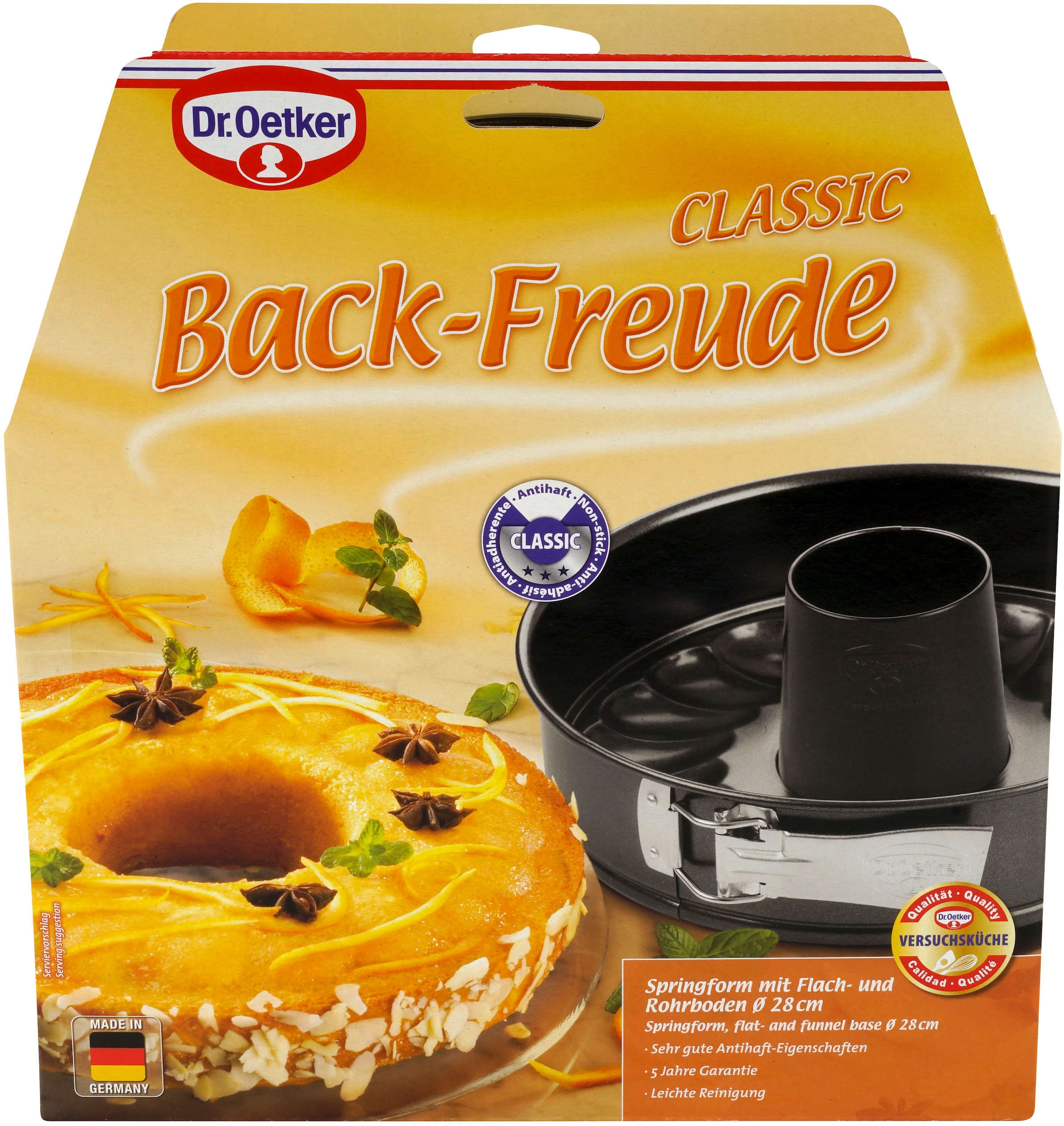 Dr. Oetker Küchenhelfer Moule à charnière »Back-Freude Classic, mit Flach- und Rohrboden Ø 28 cm« Antihaftbeschichtet, Auslaufsicher, Hitzebeständig