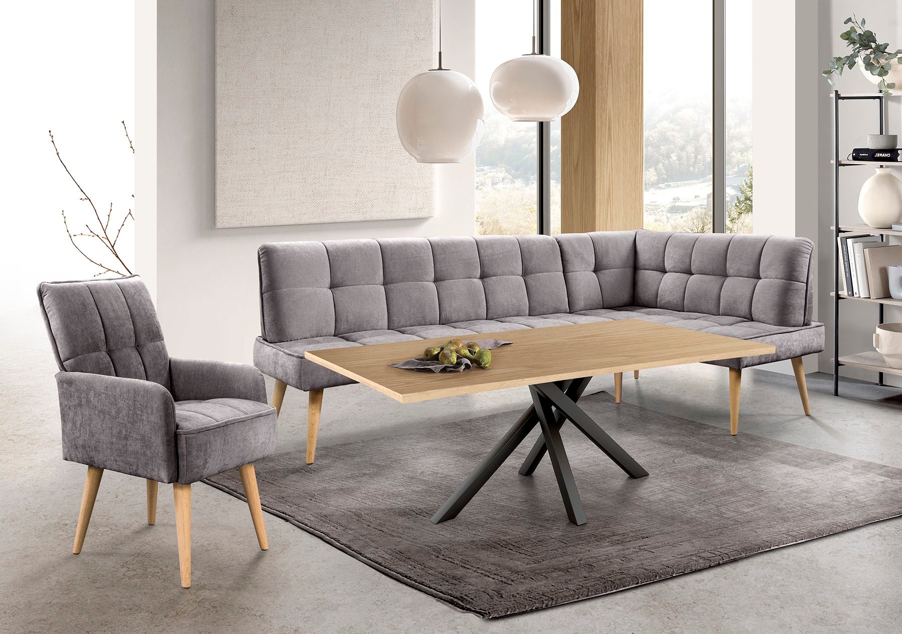 exxpo - sofa fashion Banc d'angle »Latte« couture moderne siège et dossier, confortable et élégant, pied en bois haut