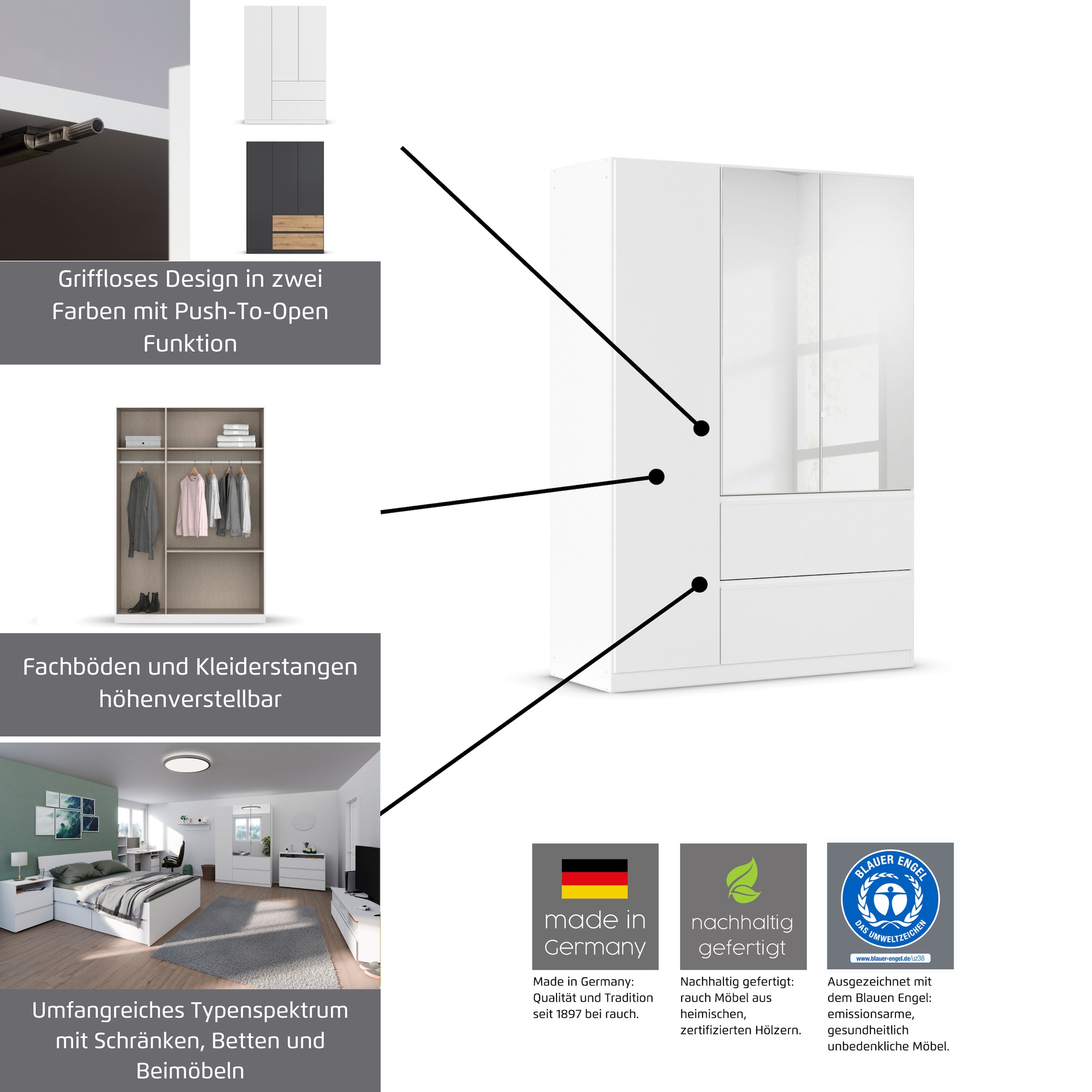 rauch Armoire à portes battantes »Kleiderschrank Schrank Garderobe Wäscheschrank Schlafzimmer JOEL« En 3 configurations différentes BASIC/CLASSIC/PREMIUM,  avec deux tiroirs, fonction Push-to-Open MADE IN GERMANY