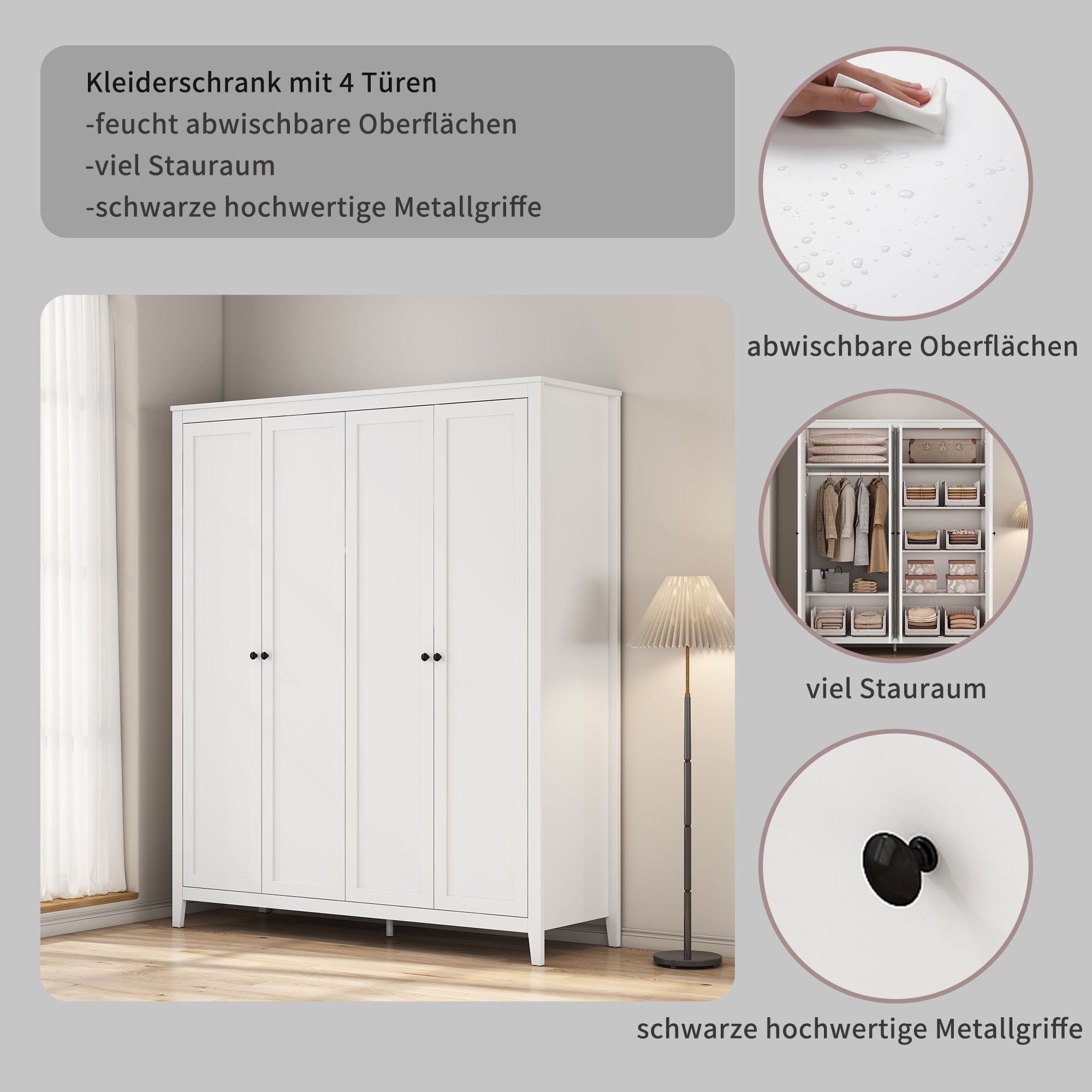 GOODproduct Kleiderschrank »Borkum Sideboard Anrichte mit 6 Schubladen Landhaus weiss« schwarze Griffe aus Metall,  Schlafzimmerschrank mit 6 Böden und Kleiderstange, 5 Türen
