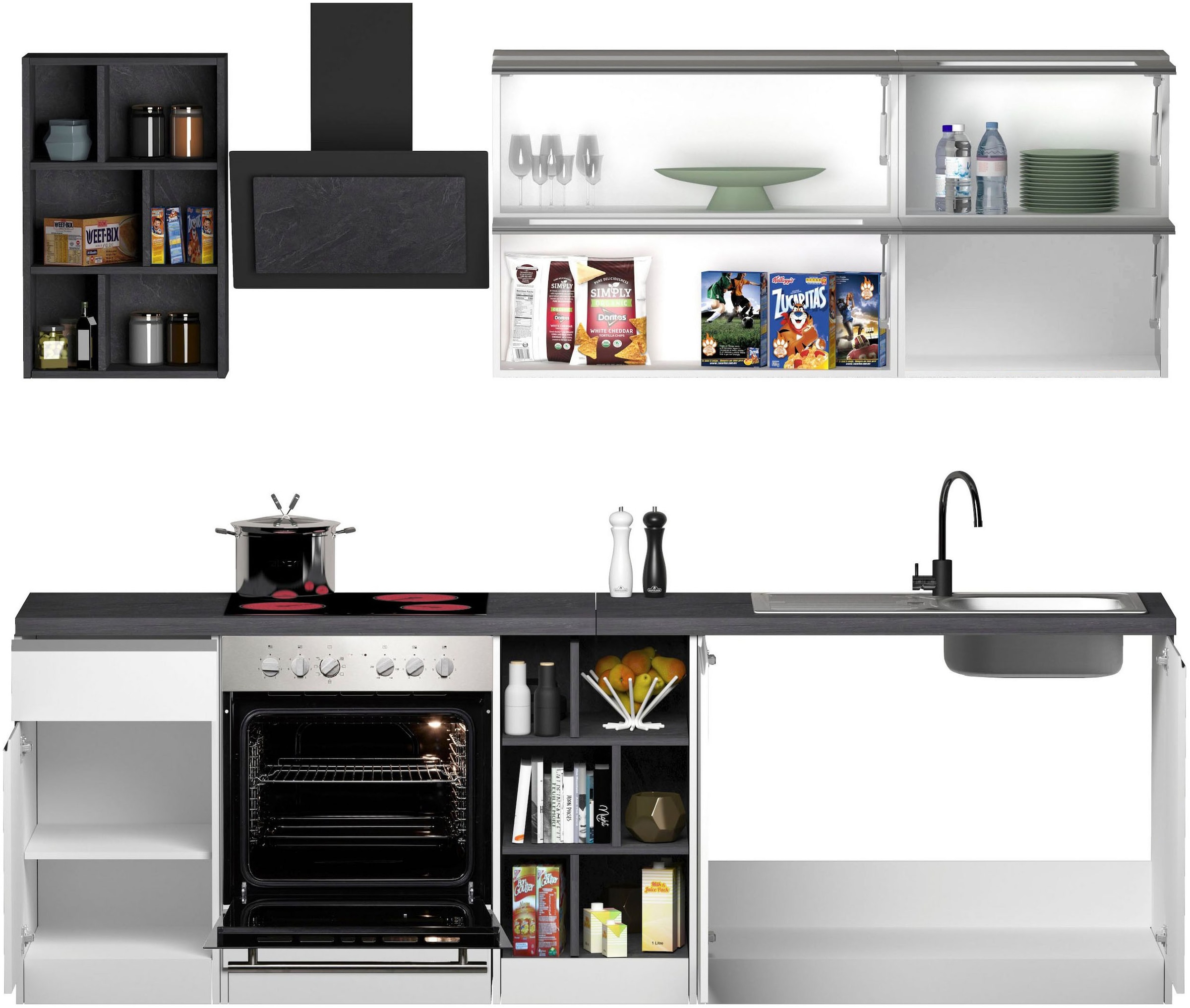 KOCHSTATION Kitchenette »KS-Sole« Breite 256 cm, Hängeschränke mit Milchglas, ohne E-Geräte