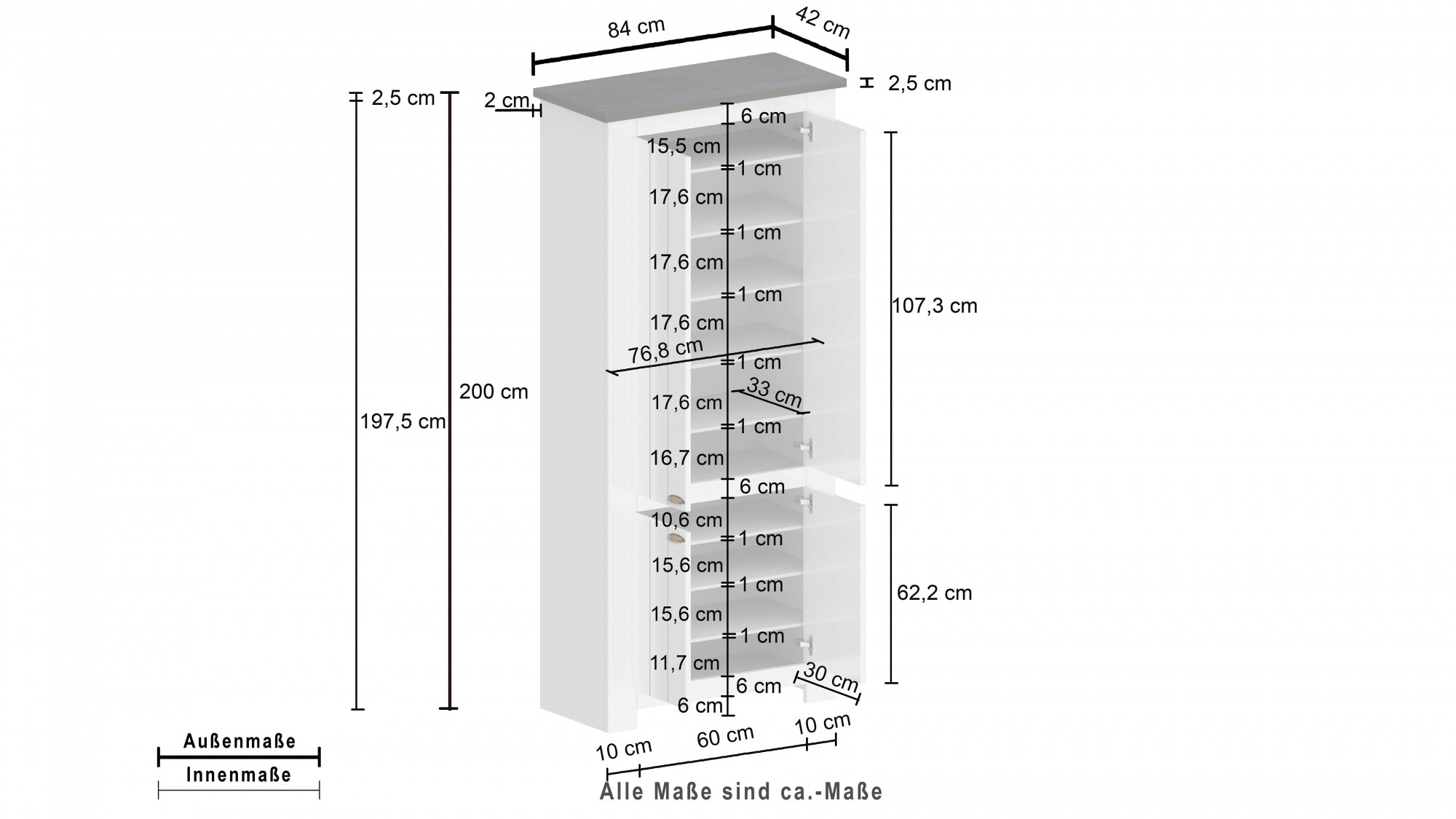Home affaire Schuhschrank »FIGO, Made in Italy – Schuhkommode,Schuhregal für ca. 40 Paar Schuhe« 1 Stk. tlg. 4-Türig, Siebdruck-dekorative Fräsungen, 10 Fächer, Höhe 200 cm
