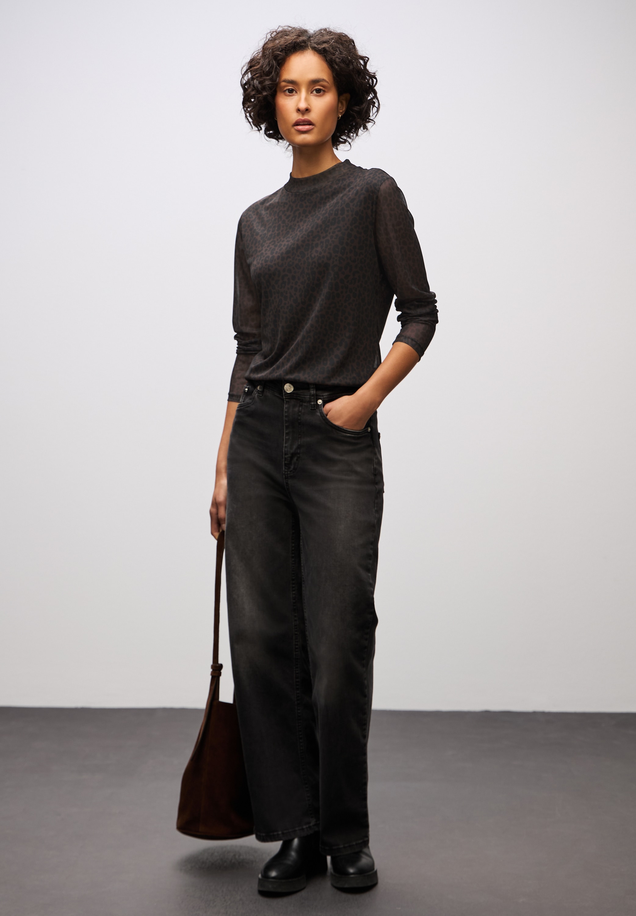 STREET ONE T-shirt à manches longues in transparenter Mesh-Qualität und Leo-Muster