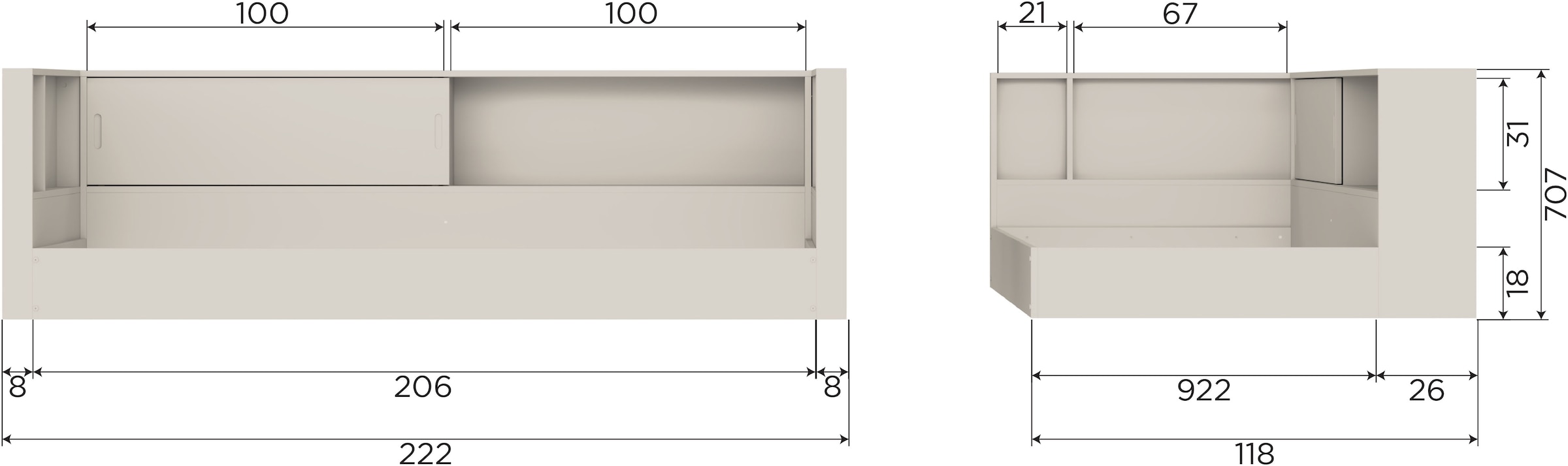 WOOOD Stauraumbett »Carter FSC®-Kiefernholz mit integriertem Stauraum H67 x B207 x T118 cm« Matratzenmass 90x200 cm, Tragkraft 100 kg, Schutzlackierte Oberfläche