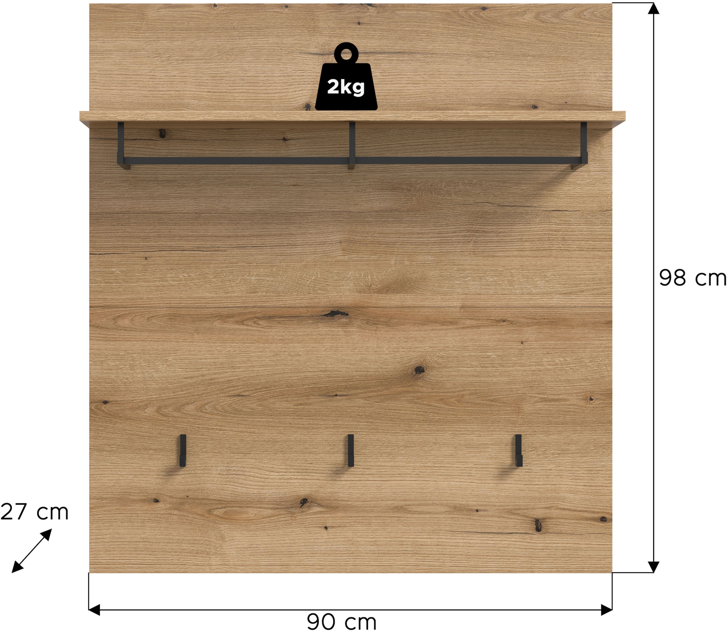 Home affaire Garderobenpaneel »SIENA, Breite 90 cm, 3 Haken, 1 Kleiderstange, 1 Ablageboden« 1 Stk. tlg. Paneel , Wandbpaneel, Garderobe, Wandgarderobe