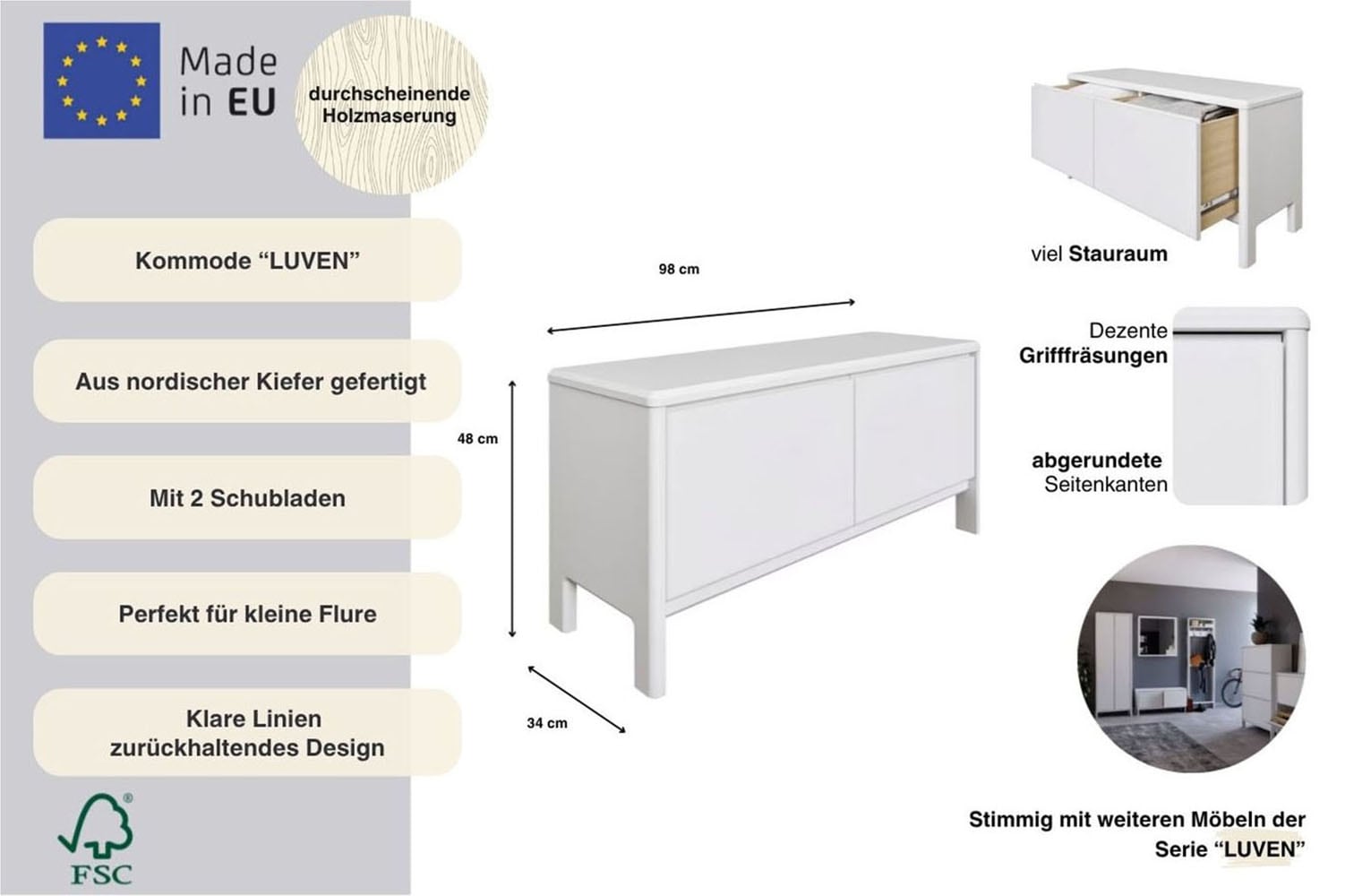 GOODproduct Kommode »Luven« FSC® zertifiziertes Massivholz, mit 2 Schubkasten