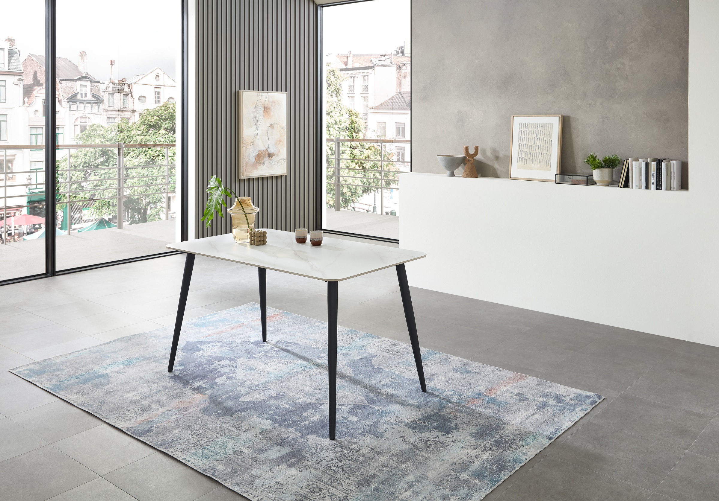 Stolkom Table de salle à manger »Cody Esszimmertisch Keramik, Weiss marmoriert, BxHxT 140x76x80 cm« Keramikoberfläche weiss marmoriert, 4-Fuss Gestell Schwarz matt