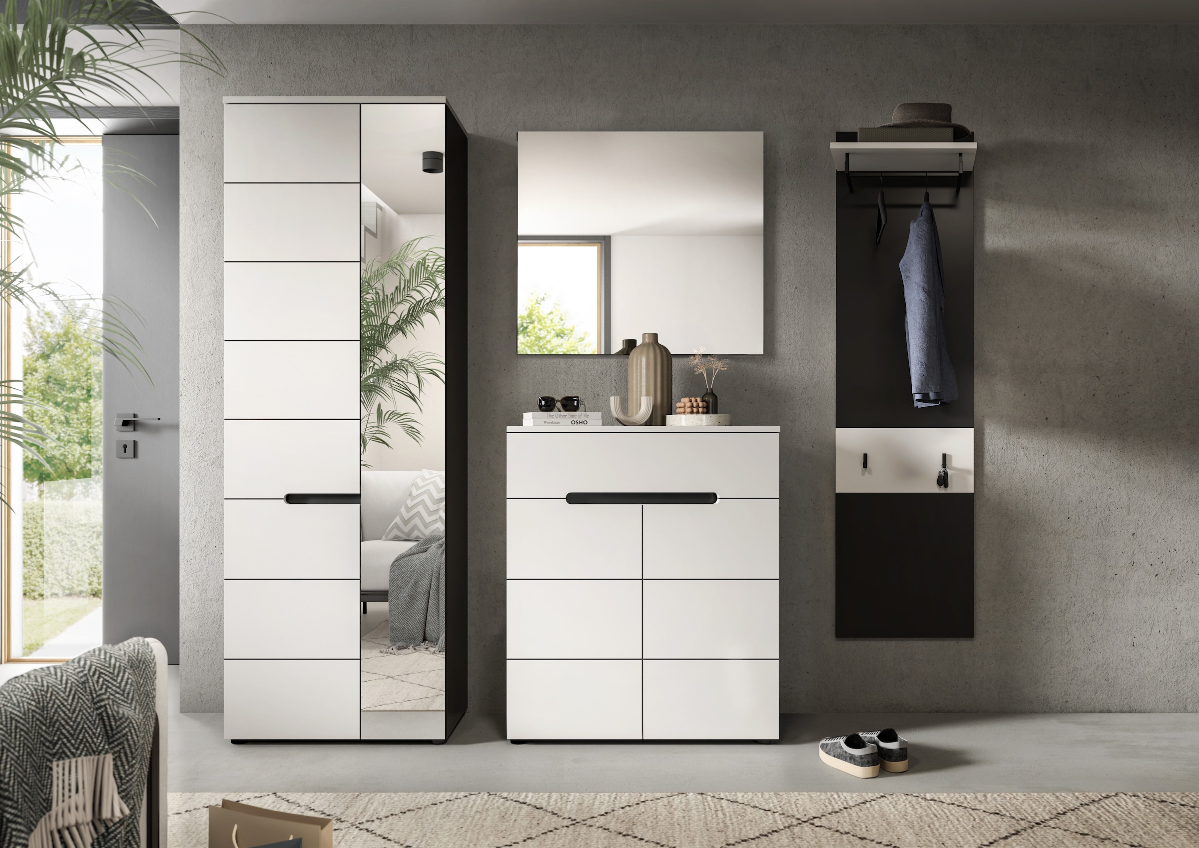 Home affaire Ensemble de vestiaires »REHAT, TOPSELLER!, 4-teilig, Breite 220 cm, individuell erweiterbar« Set, bestehend aus: Garderobenschrank, Kommode, Spiegel & Garderobenpaneel, 4 cuis tlg.