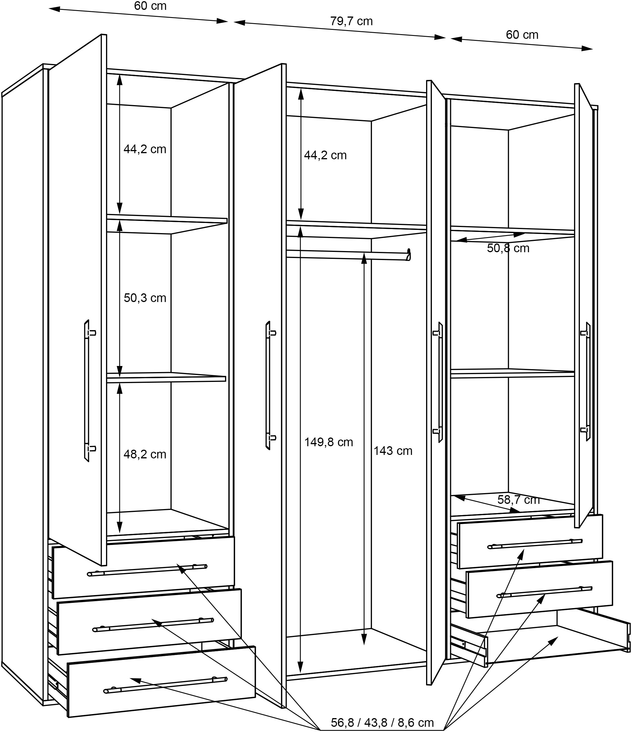 FORTE Armoire à portes battantes »Mokkaro, Kleiderschrank,zeitloses Design, 4 türig« beaucoup d'espace de rangement, tiroirs, poignées en barre, Made in Europe