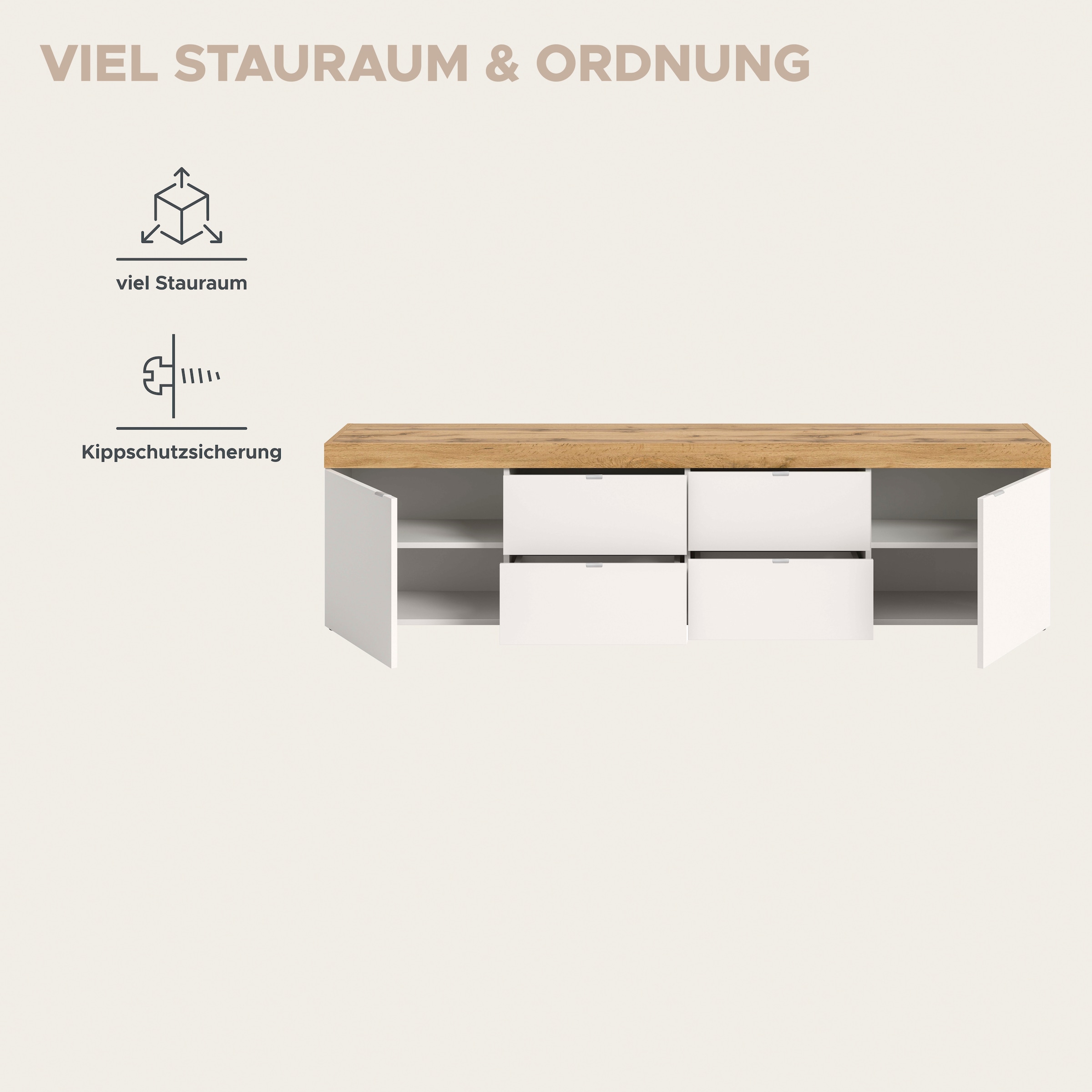GOODproduct Lowboard »MAMBO II, Breite 200 cm, 2 Türen, 4 Schubkästen, 4 Fächer« 1 Stk. tlg. Lowboard, TV Unterschrank, TV-Schrank, Wohnzimmer