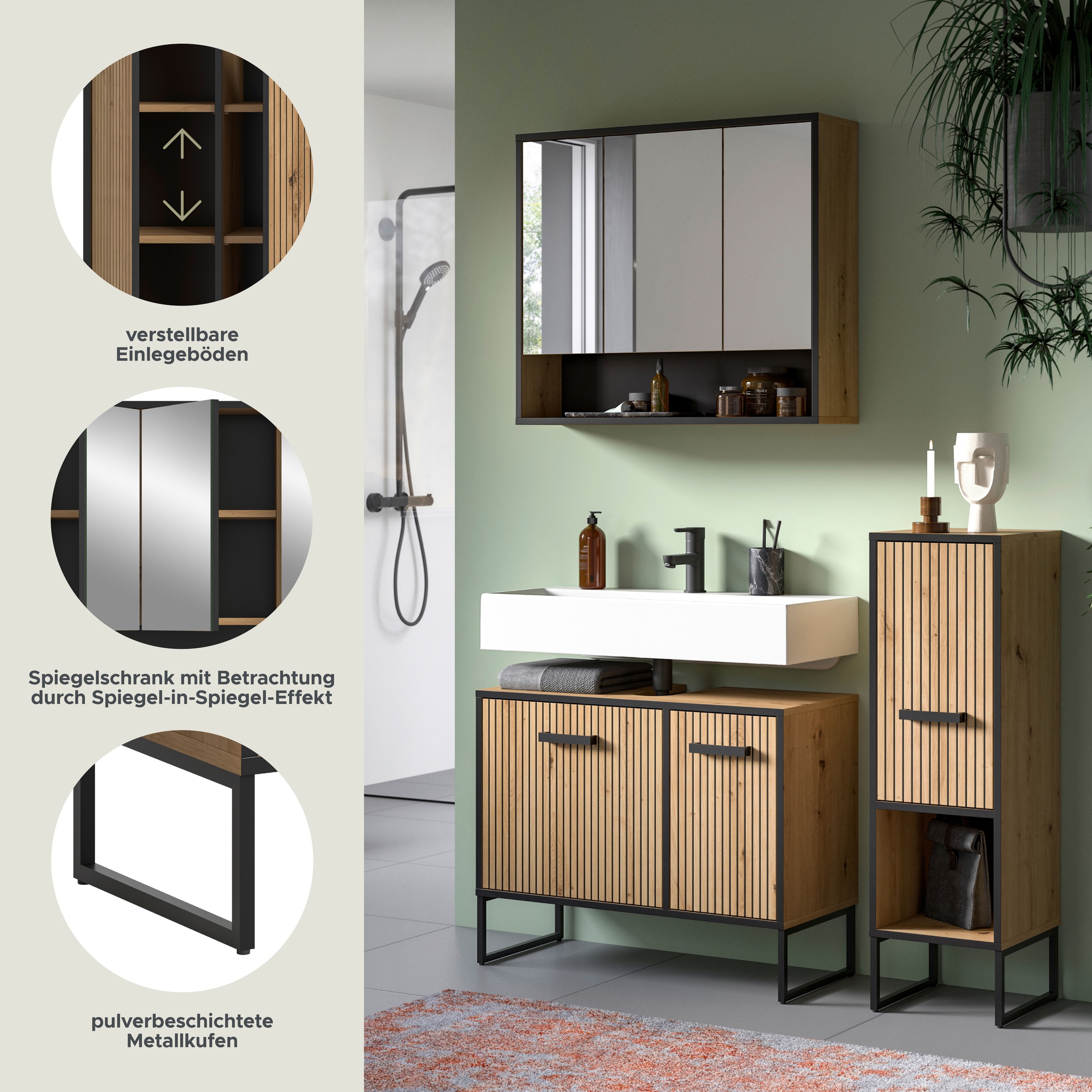 welltime Ensemble de meubles de salle de bain »LOCRI, 3-tlg. Badkombination, Breite 125 cm, Rillenoptik, Metallkufen« composé de : meuble sous lavabo, armoire miroir et armoire sur pied, 3 cuis tlg.