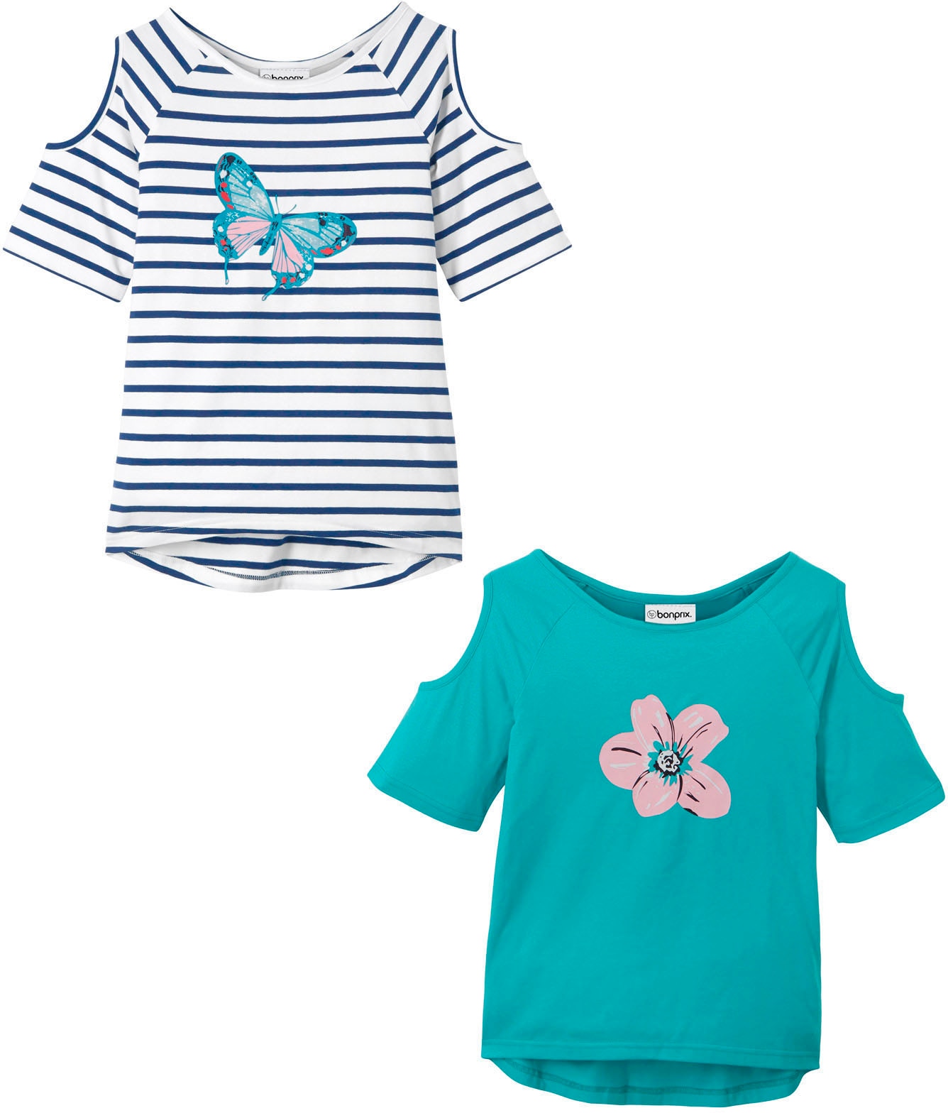 bonprix T-shirt Packung, 2 cuis regular fit Passform, Kurzarm, Cold-Shoulder-Design