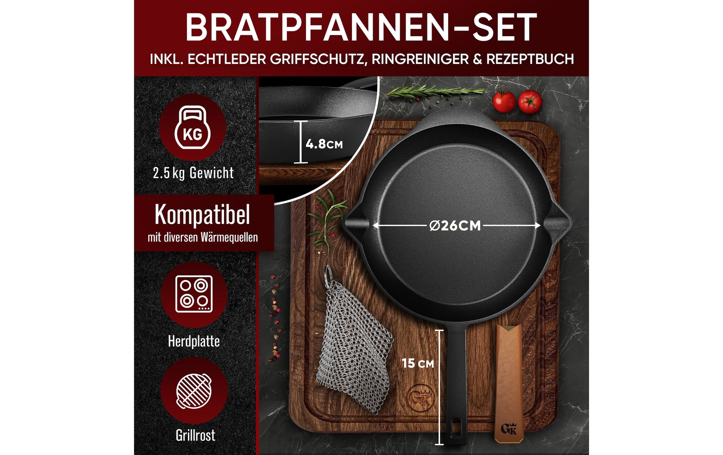   Bratpfanne »Gusskoenig mit Echtleder Griffschutz und Edelstahl Ringreiniger« Gusseisen