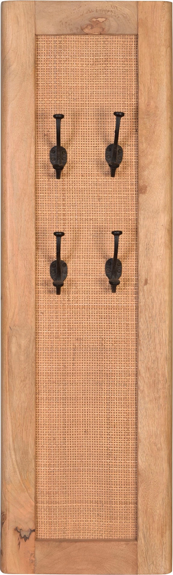 SIT Panneau de vestiaire »Bergen aus Mangoholz mit Rattan-Einsatz & 4 Doppelhaken« Insert en rotin tendance dans un cadre en bois massif pour une ambiance bohème