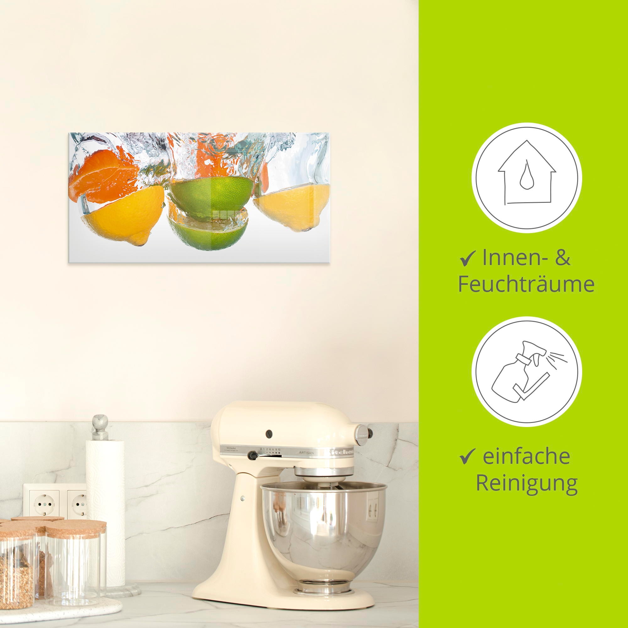 Artland Glasbild »Zitrusfrüchte fallen in klares Wasser« Lebensmittel 1 Stk. tlg. in verschiedenen Grössen