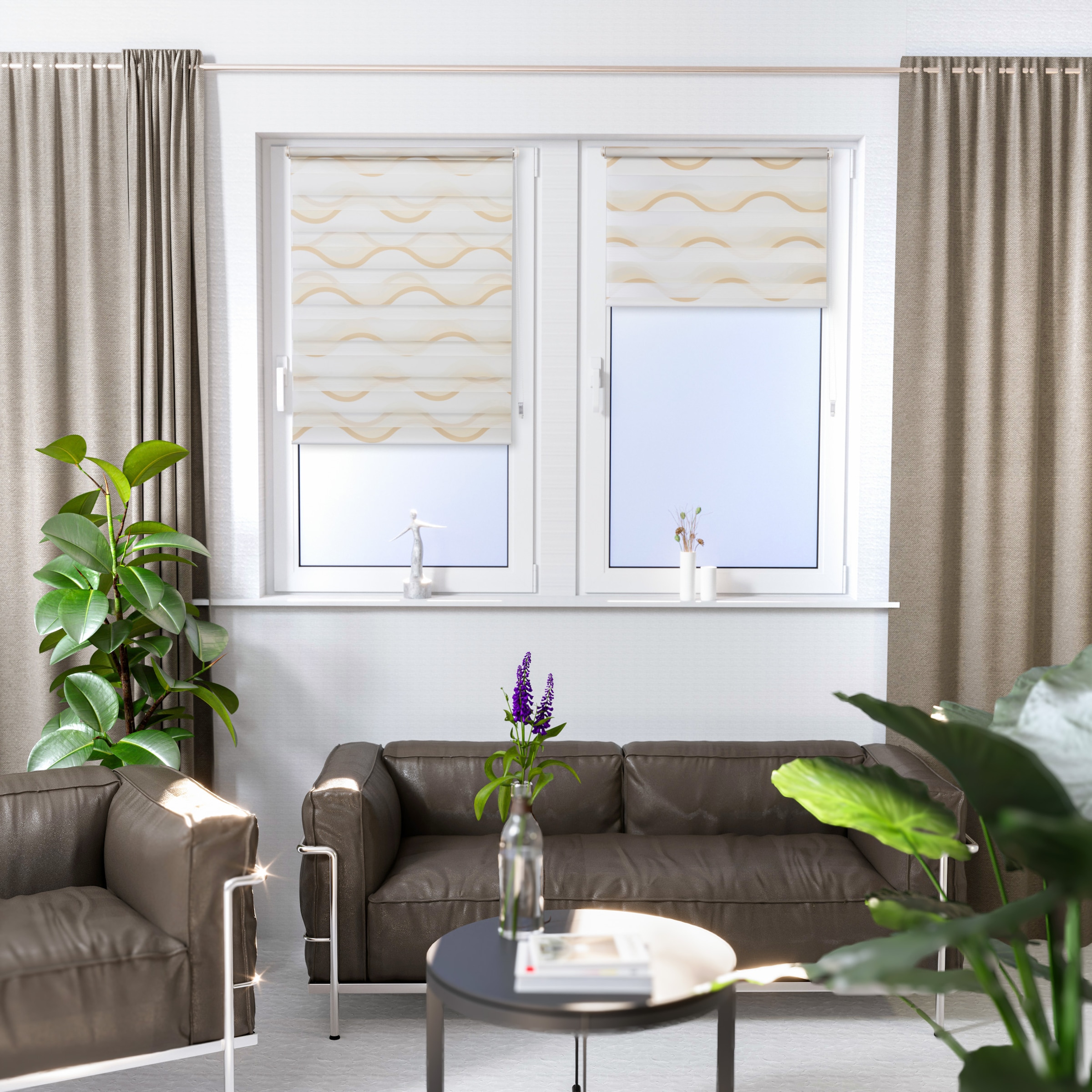 K-HOME Store double »Wellen Design« protection contre la lumière protection visuelle Aucun perçage requis suspendu librement imprimé avec motif