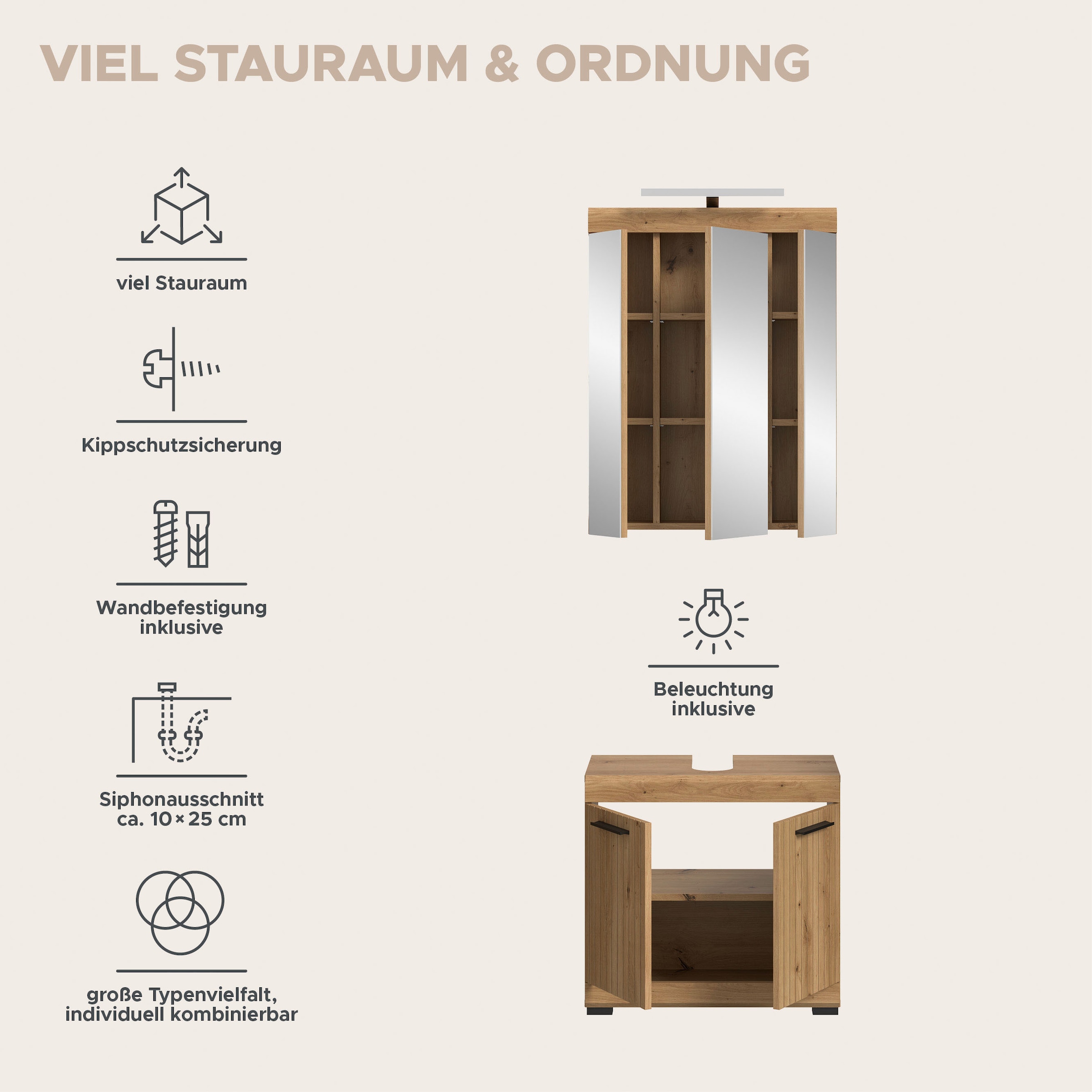 welltime Ensemble de meubles de salle de bain »SIENA, 2 teilig, inklusive LED Beleuchtung, bestehend aus:« Ensemble, BEST-SELLER !, 2 cuis tlg.