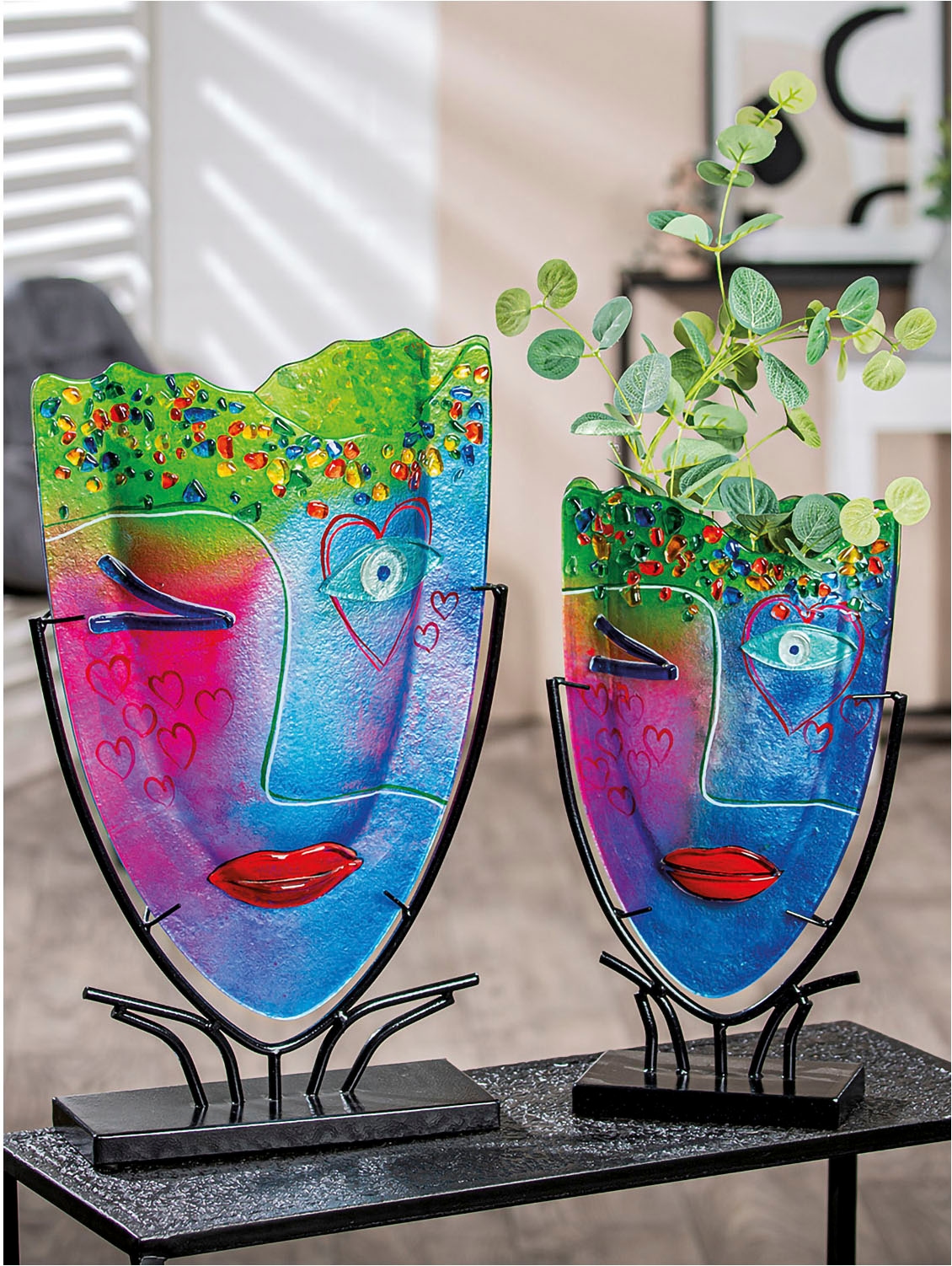Casablanca by Gilde Dekovase »Glasart ovale Designvase Face "Twinkle", Höhe ca. 38,5 cm« aus Metall und Glas, Metallfuss schwarz lackiert