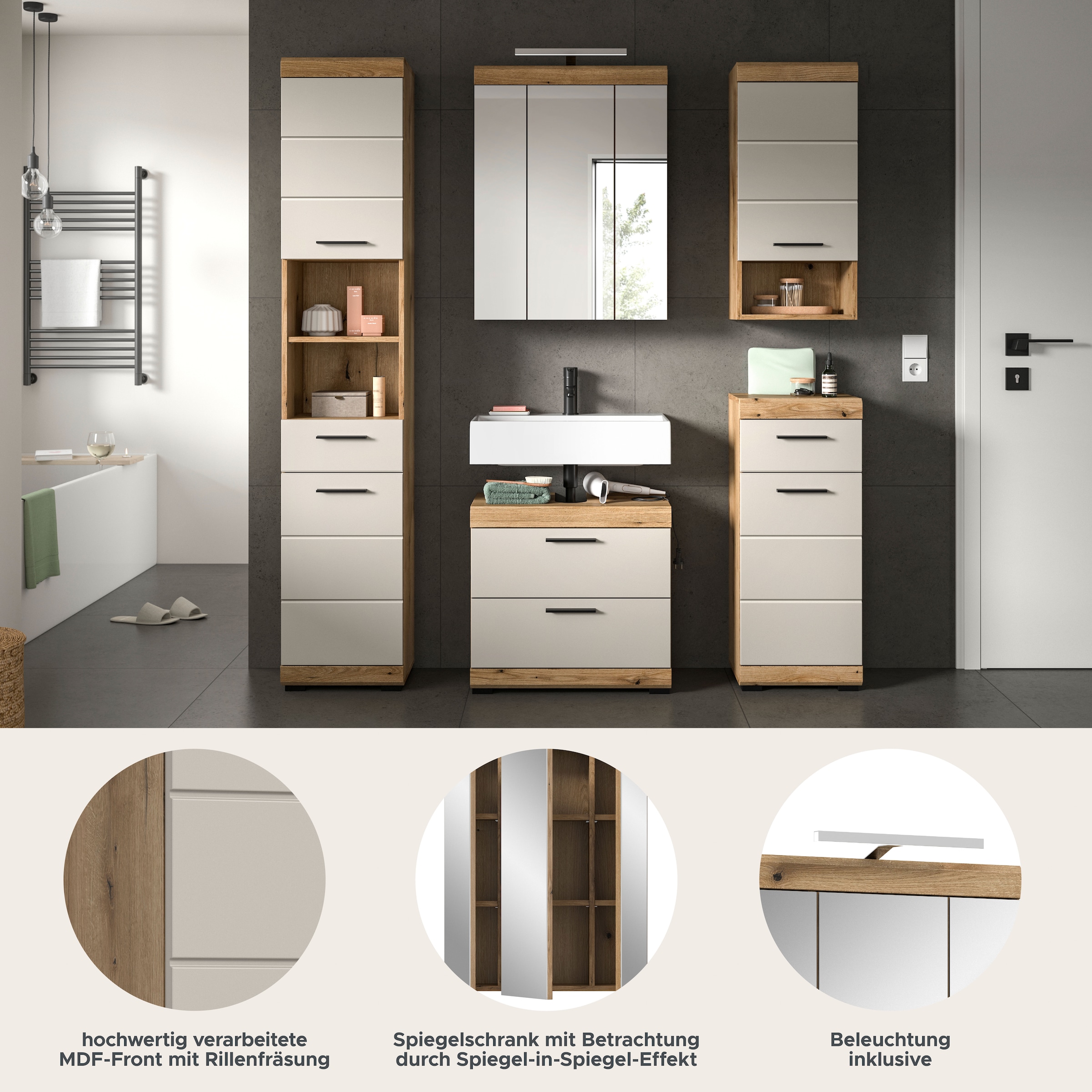 welltime Badmöbel-Set »Siena, 5 teilig, inklusive LED Beleuchtung, bestehend aus:« Set, TOPSELLER!, 