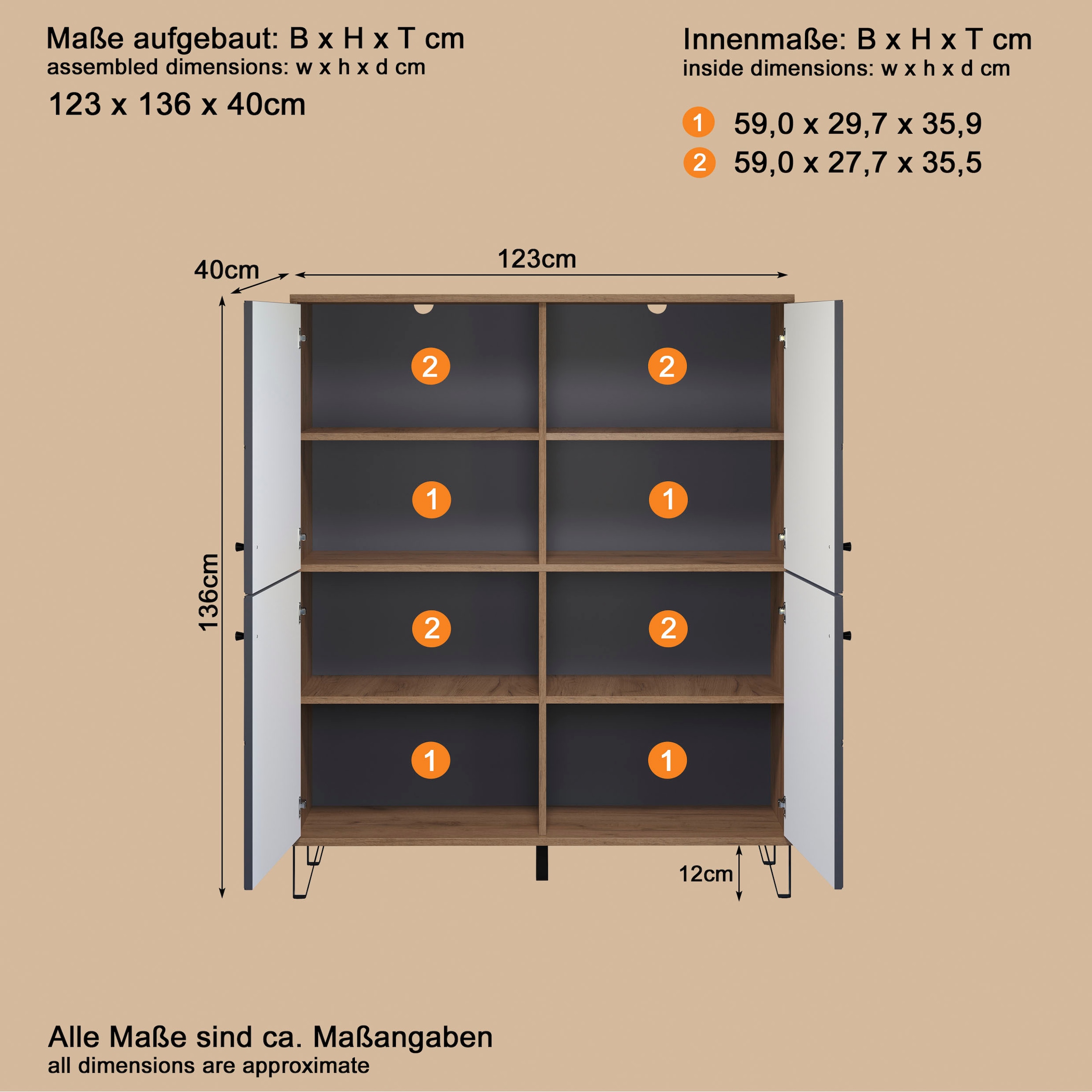 PLACES OF STYLE Highboard »Molveno« 1 Stk. tlg. Highboard mit 4 Türen & Soft-Close - (B/T/H) 123/40/136 cm