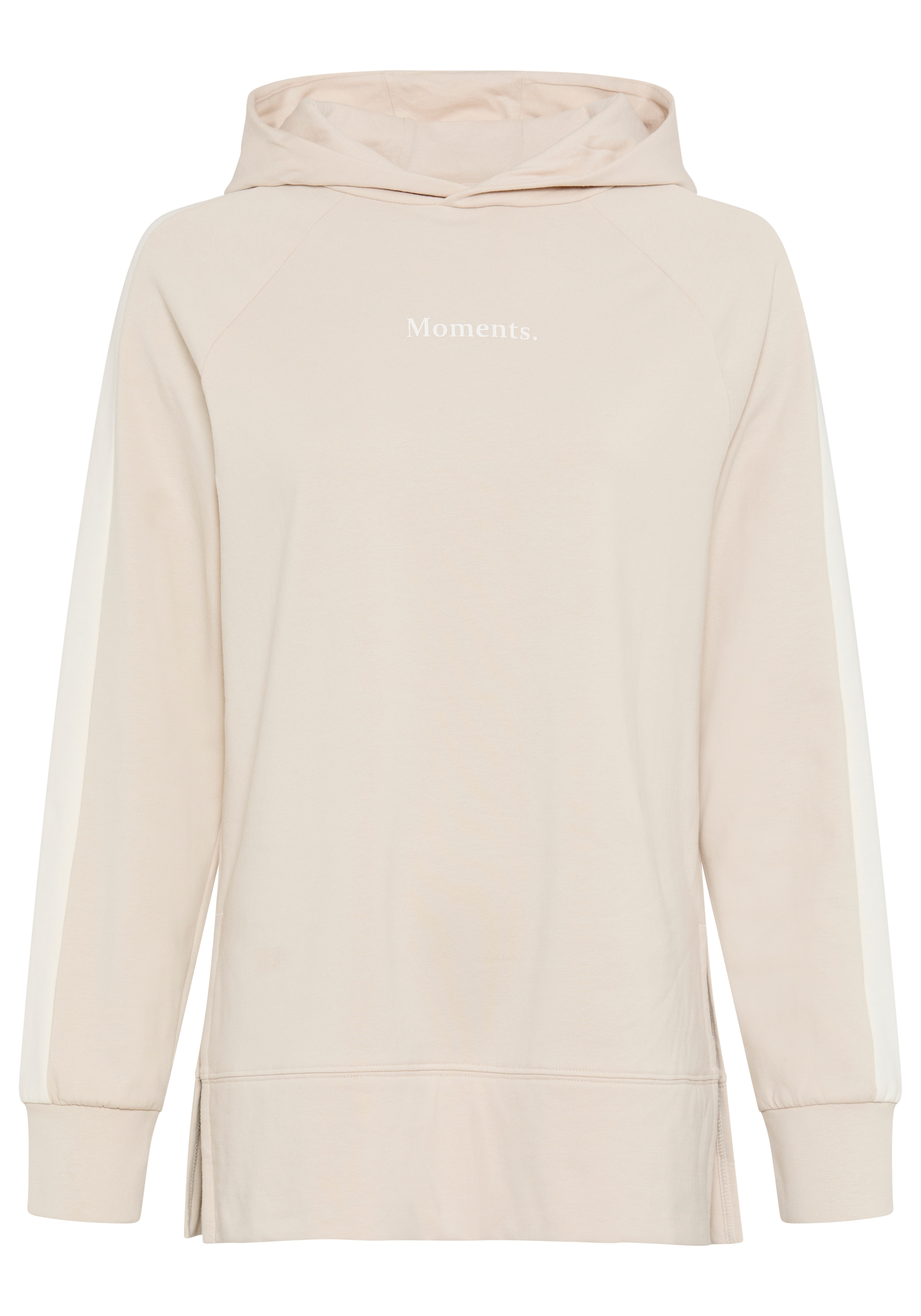 Tamaris Hoodie »mit Kapuze, hüftbedeckende Länge«, Avec rayures contrastantes et inscription, en coton élastique de qualité
