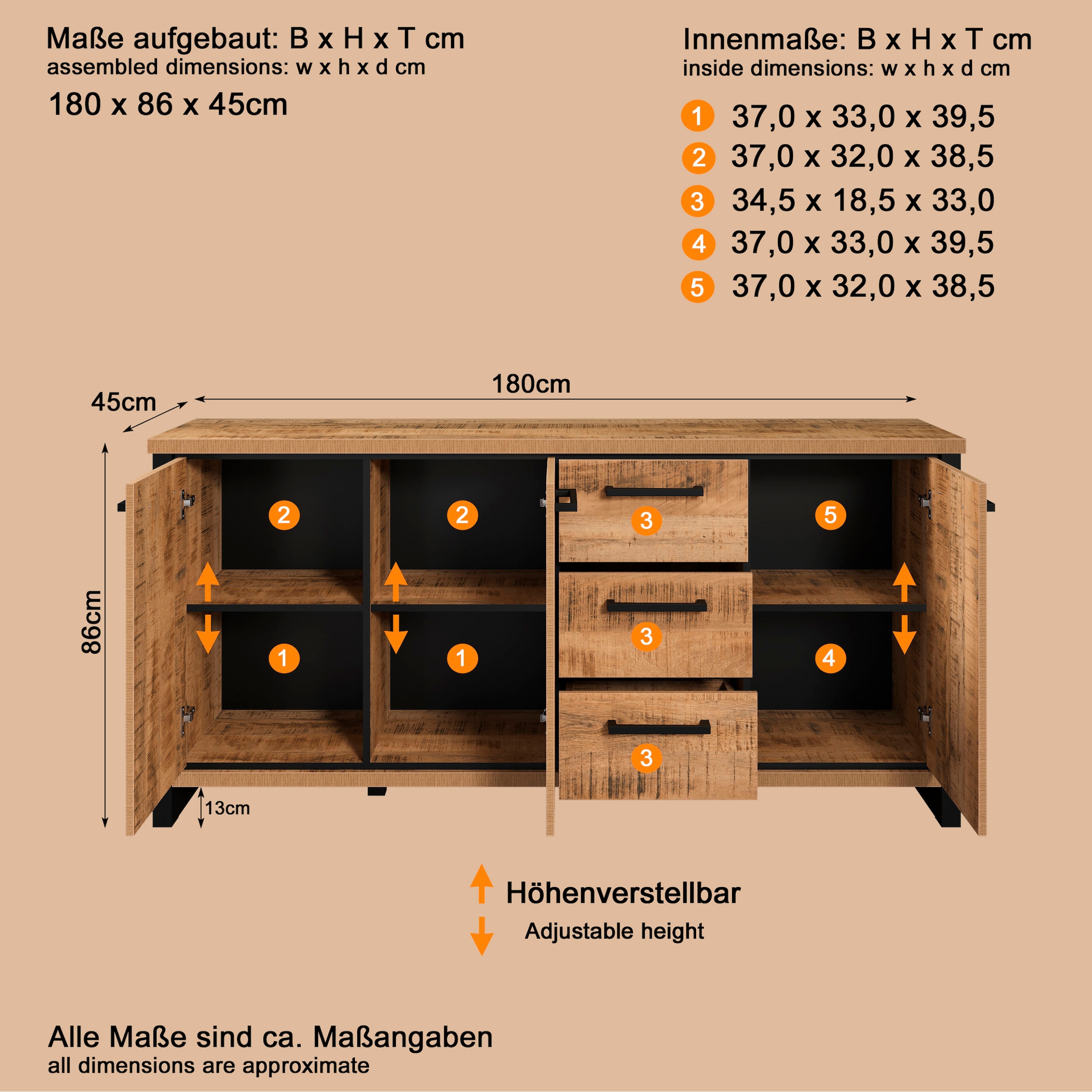 Home affaire Sideboard »Elda« 1 cuis tlg. Sideboard mit 3 Türen & 3 Vollauszug Schubladen – (B/T/H) 180/45/86 cm