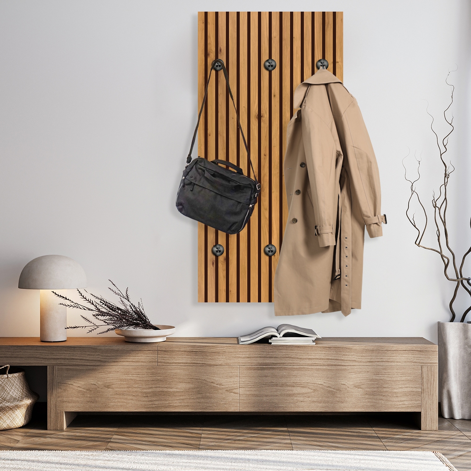queence Porte-manteau mural »Paneel Holz Optik« 1 cuis tlg. panneau mural en plexiglas incluant 6 crochets en acier inoxydable noir mat
