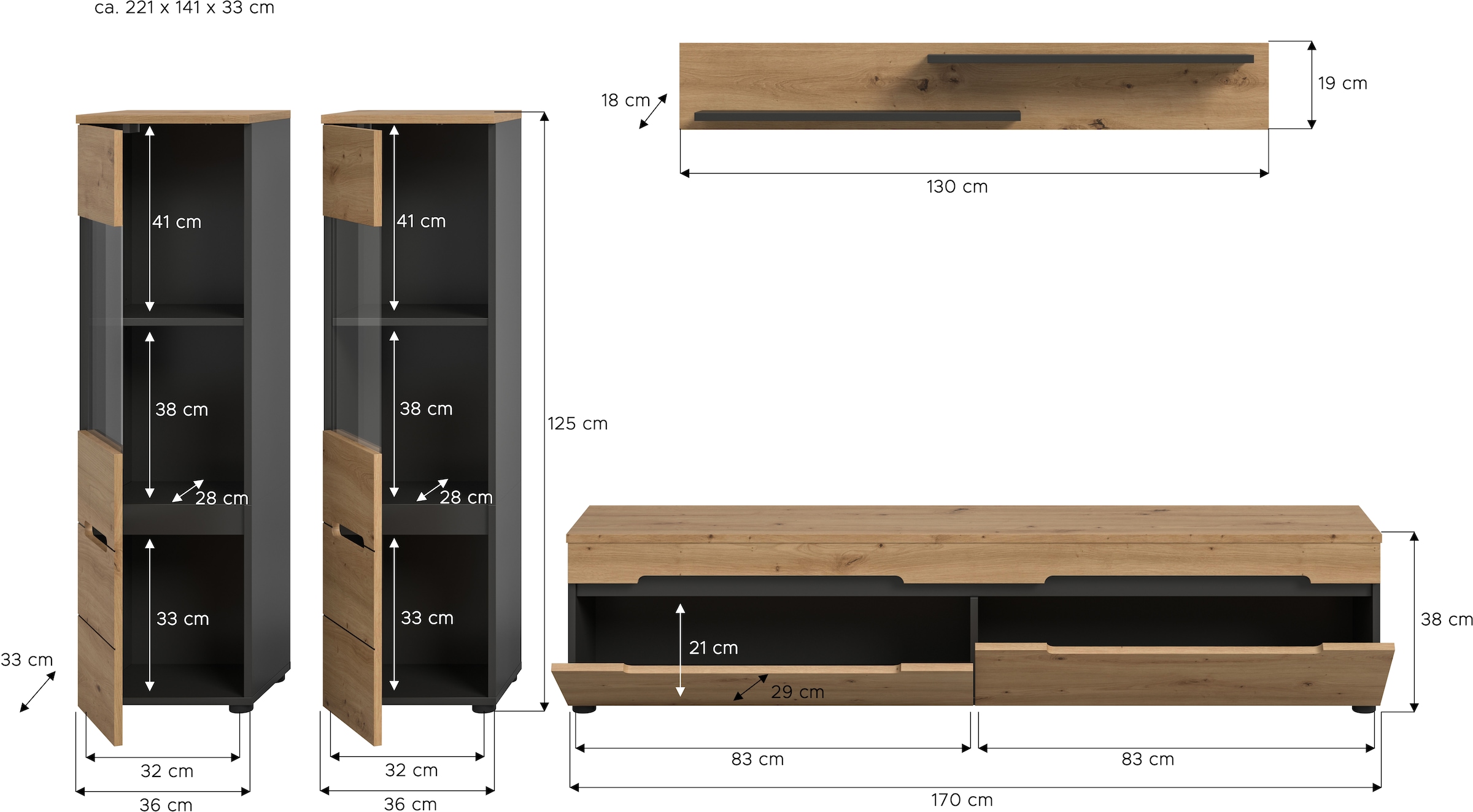 Home affaire Wohnwand »REHAT, 4-teilig, wahlweise stehend und hängend montierbar« Set bestehend aus: 2x Vitrine, Lowboard und Wandboard, 3 Stk. tlg.