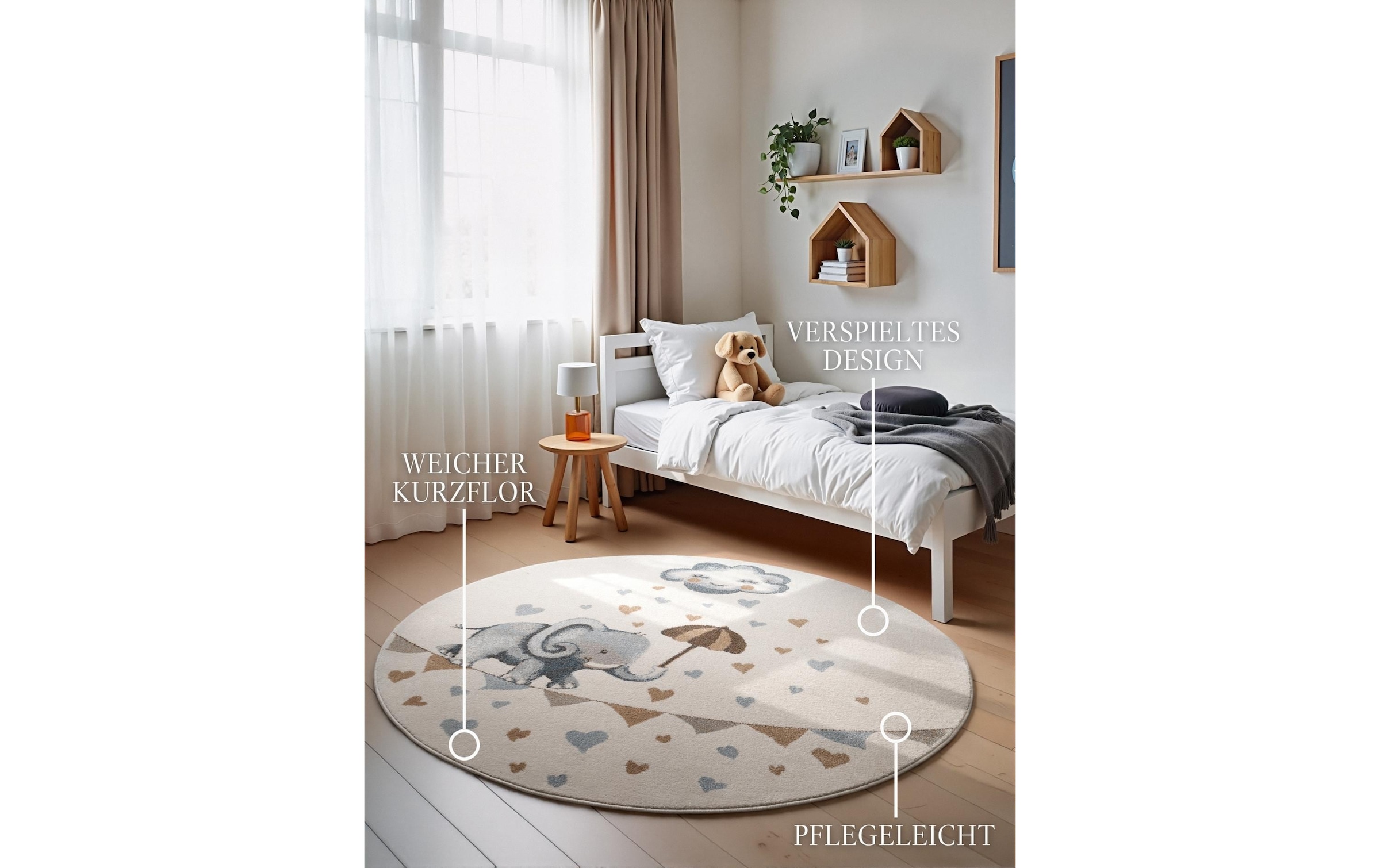 Villeroy & Boch Kinderteppich »Walk like an Elephant Rainy« rund 9 mm Höhe Spielteppich weich, Kinderzimmer, Boho Kids Spielunterlage, Tieremotiv