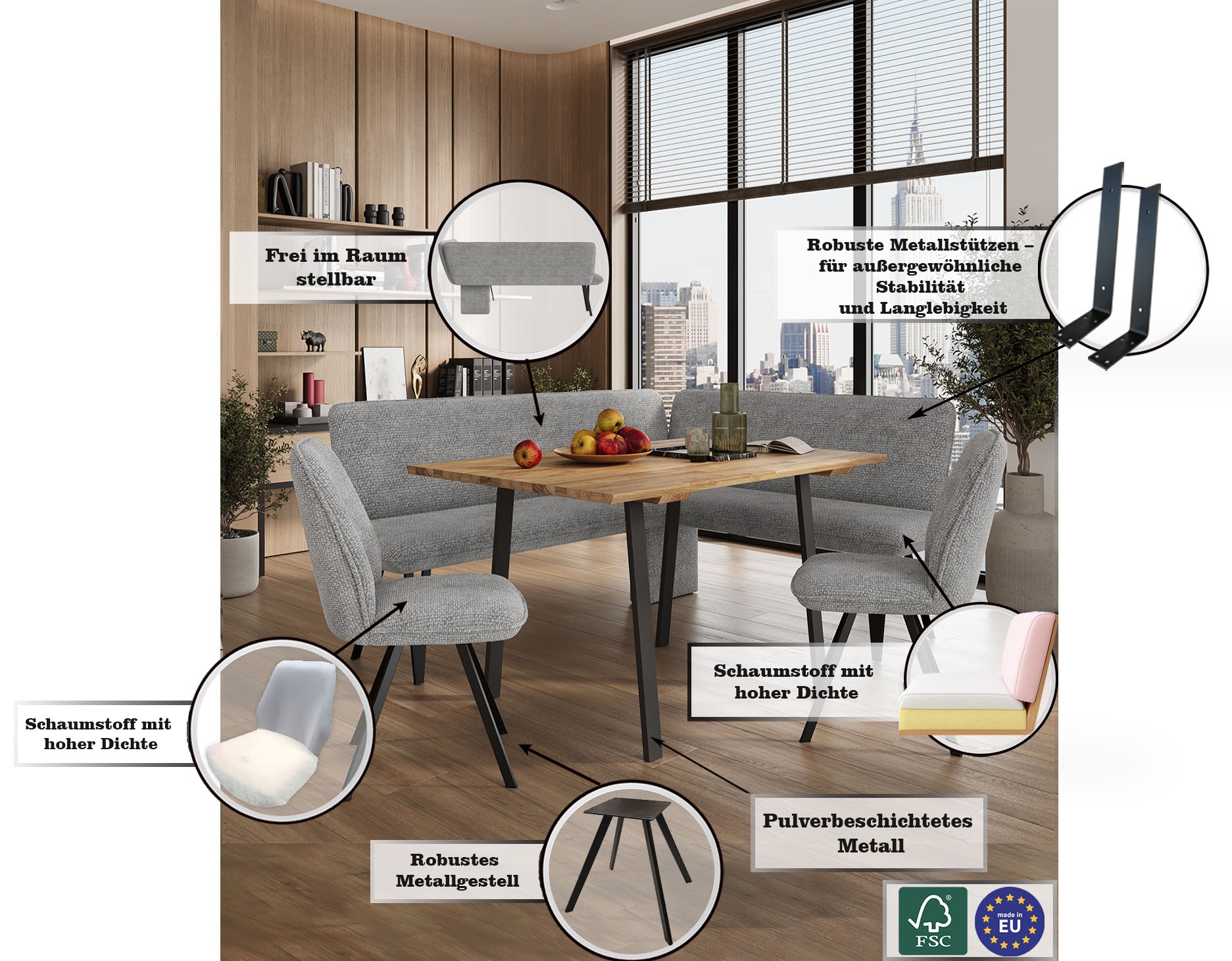 GOODproduct Eckbank »Mily Küchenbank, Polsterbank, Esszimmerbank, 205x164 cm« Moderne Bank und  Farben, Sitzplatzanzahl: 5, Frei in Raum stellbar