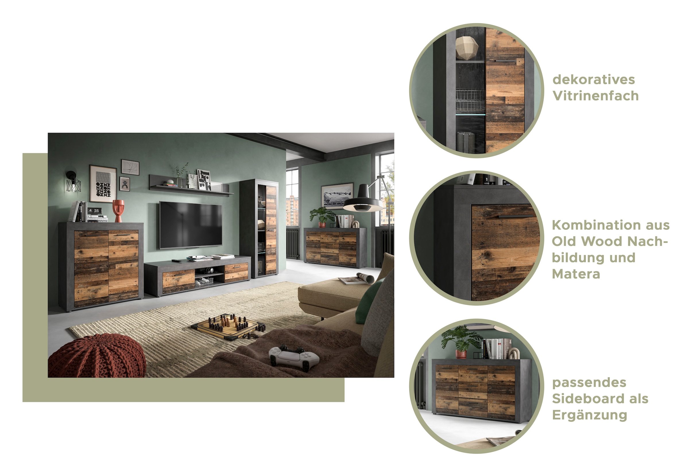 Home affaire Meuble mural »AOSTA, Breite 310cm, 4-teilige Wohn-Kombination« bestehend aus: Vitrine, Lowboard, Wandboard & Vitrine hoch, 4 cuis tlg.