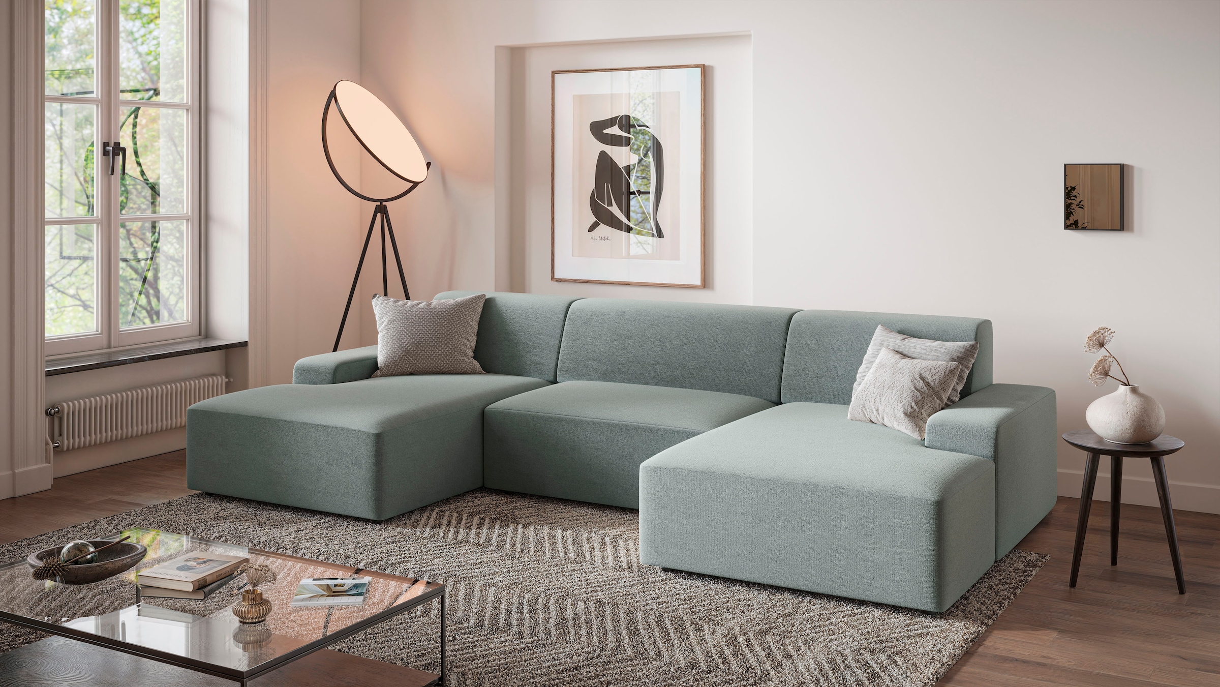 TRENDMANUFAKTUR Paysage de salon »Wien, wahlweise mit Sitzvorschub und Bettkasten, Breite 329 cm« Forme en U, en velours côtelé tendance