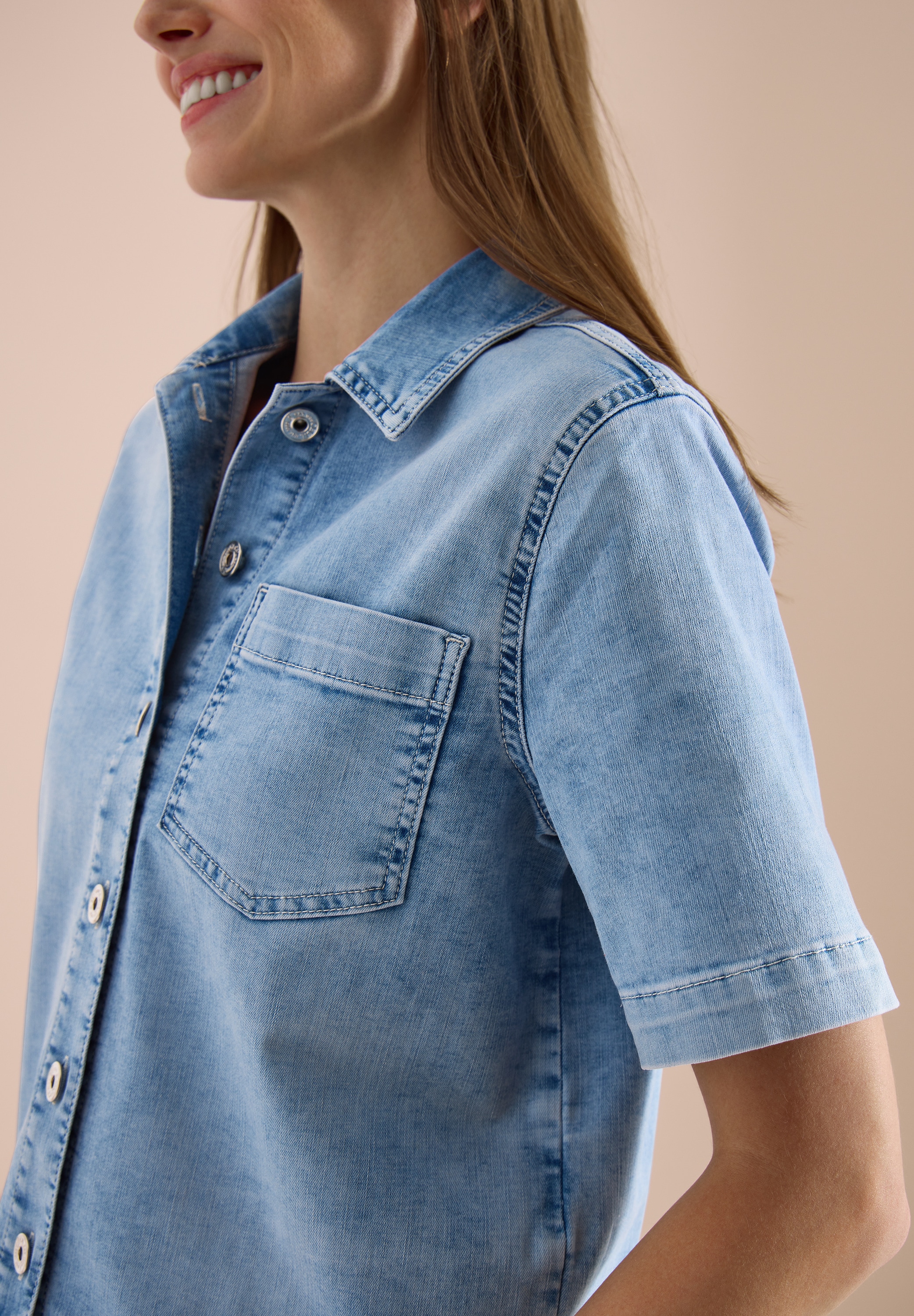 Cecil Veste en jean ohne Kapuze Kurzarm Jeans-Overshirt mit Knopfleiste