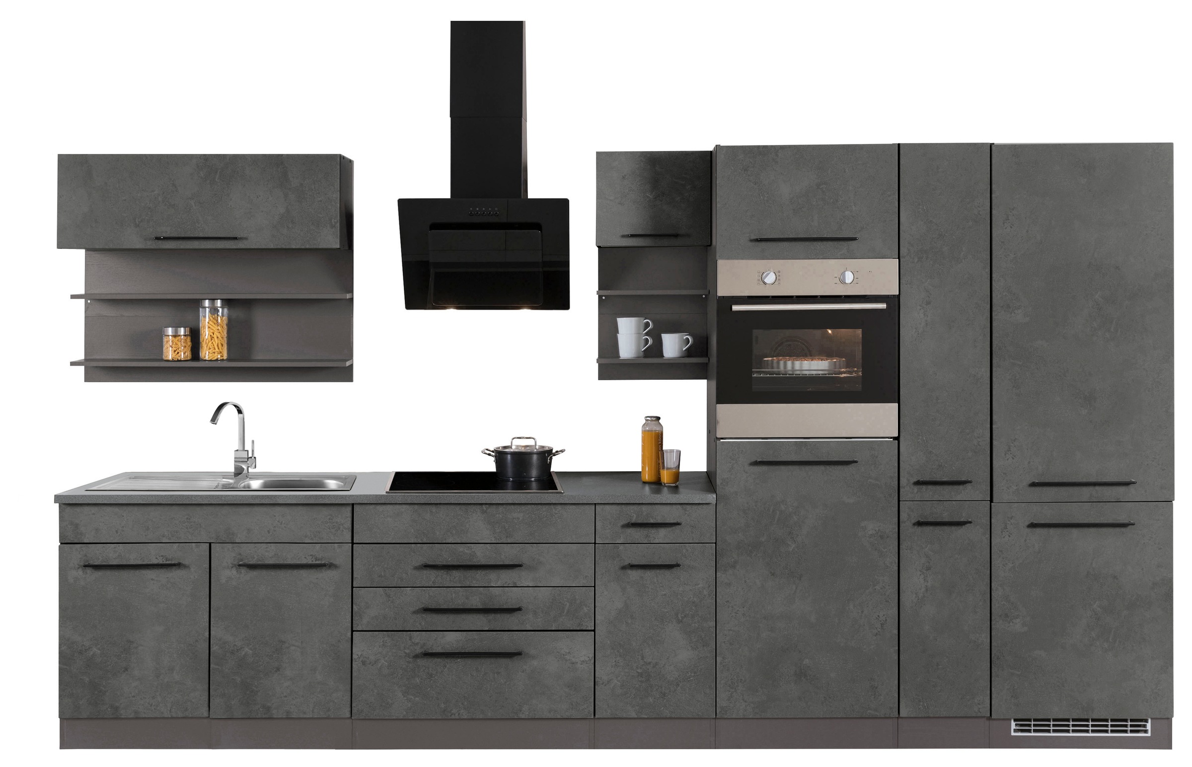 KOCHSTATION Küchenzeile »KS-Tulsa« ohne E-Geräte, Breite 380 cm, schwarze Metallgriffe, MDF Fronten