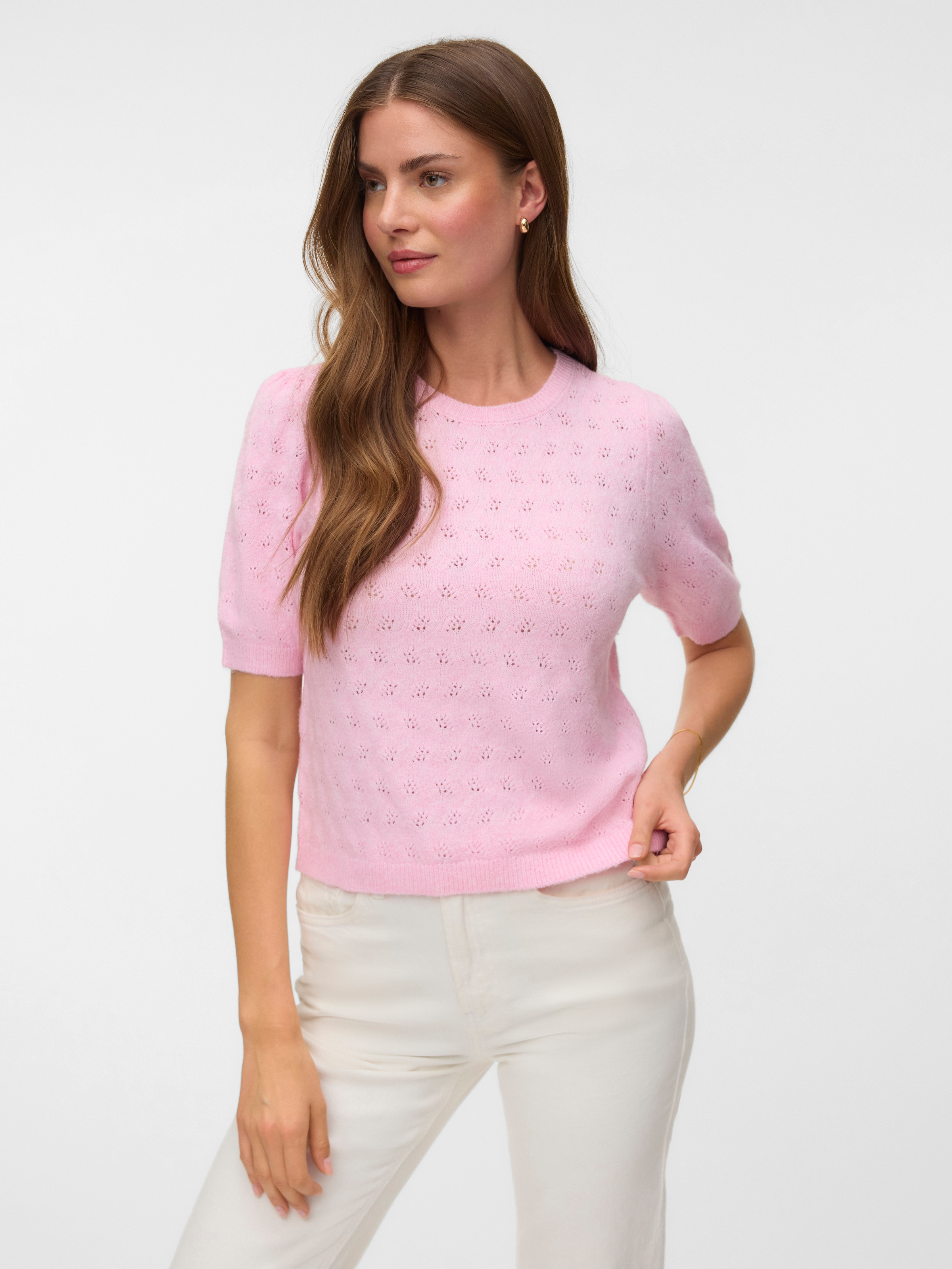 Vero Moda Kurzarmpullover »VMDOFFY STITCH 2/4 O-NECK PULLOVER NOOS« Materialmix, regular fit