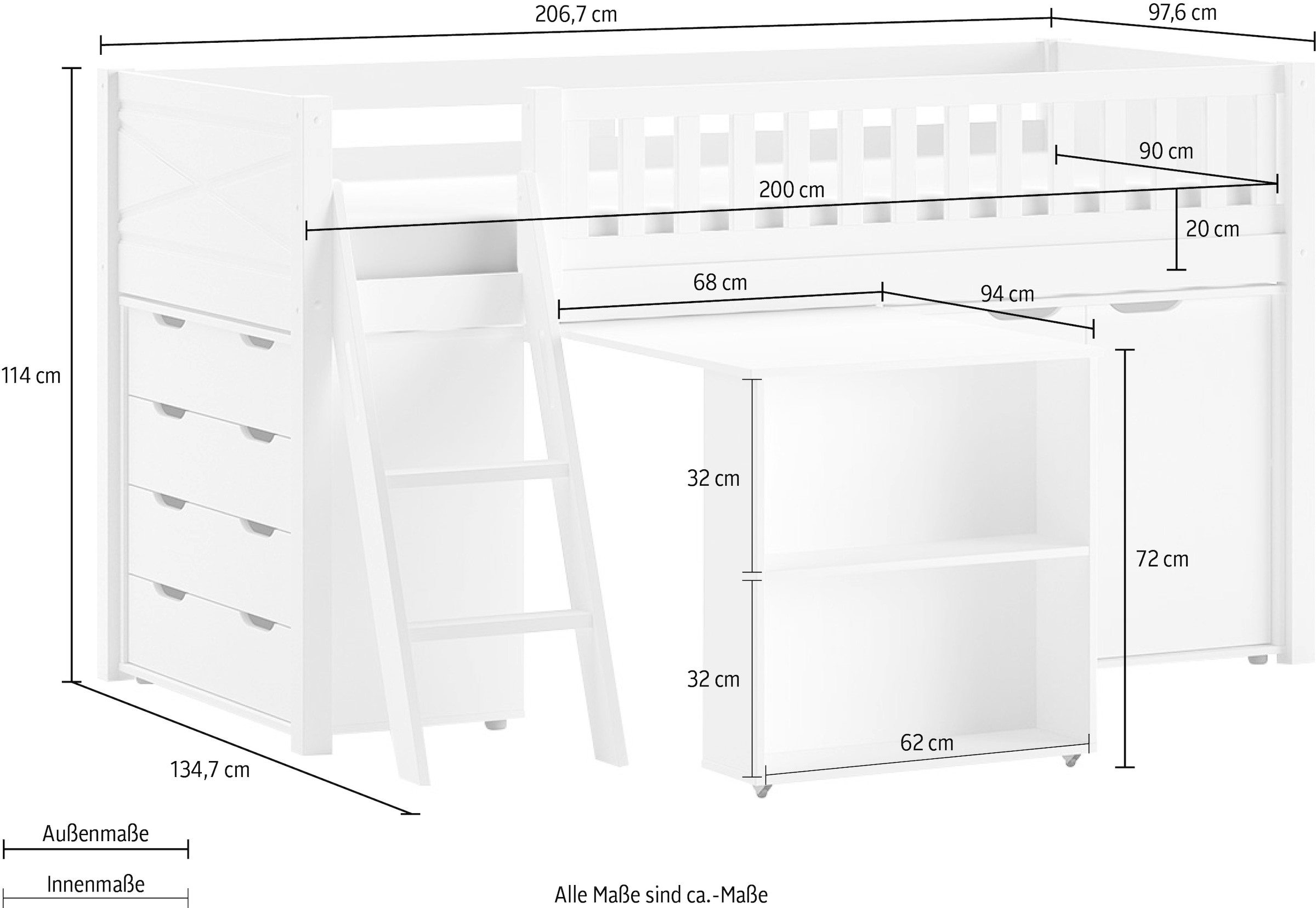 Vipack Lit de jeu Fabriqué en Europe,  beaucoup de fonctions sur petit espace, LF 90x200 cm, pin laqué blanc