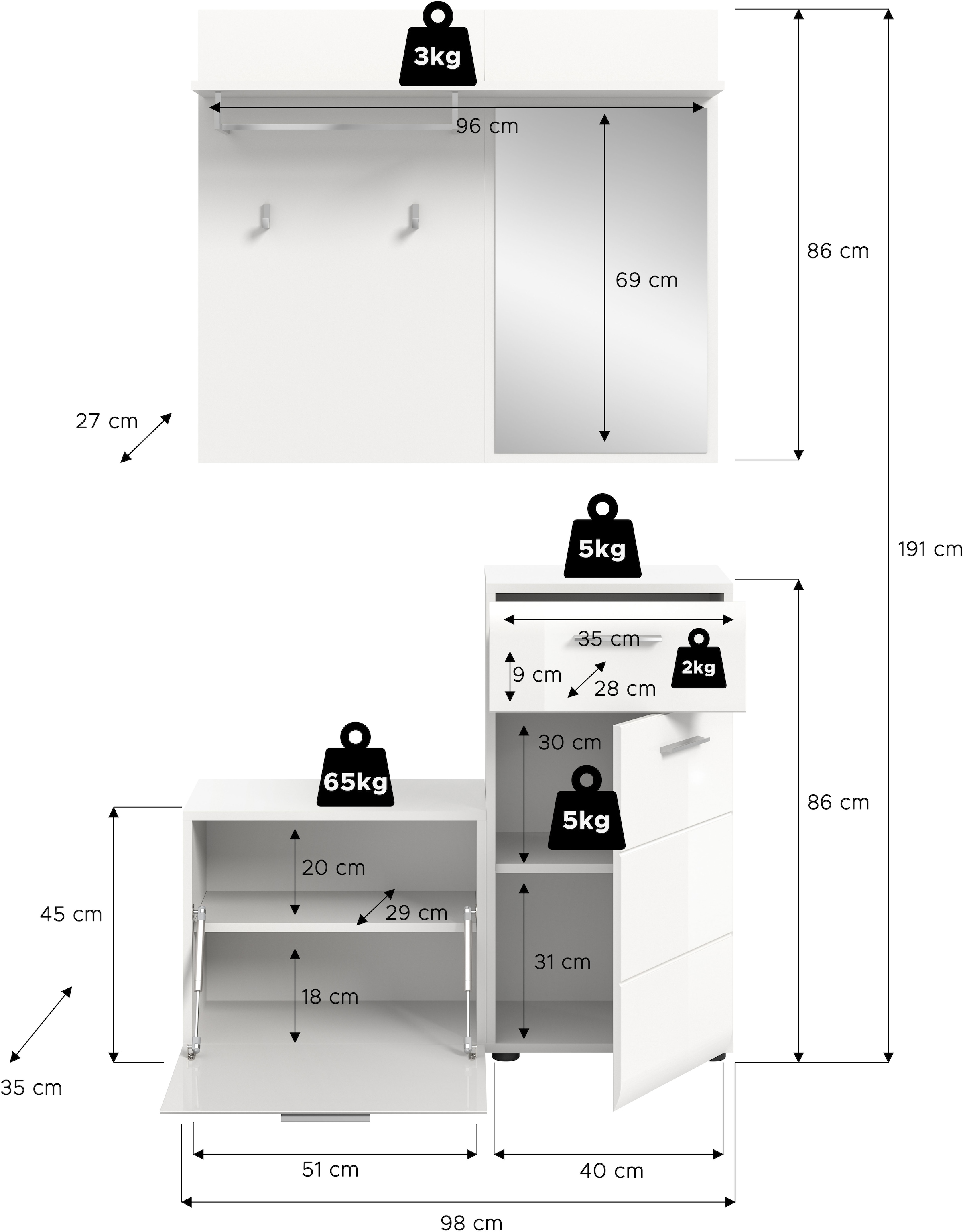 Home affaire Ensemble de vestiaires »FLORENZ, 3tlg., best. aus: Garderobenspiegelpaneel, Sitzbank & Kommode«