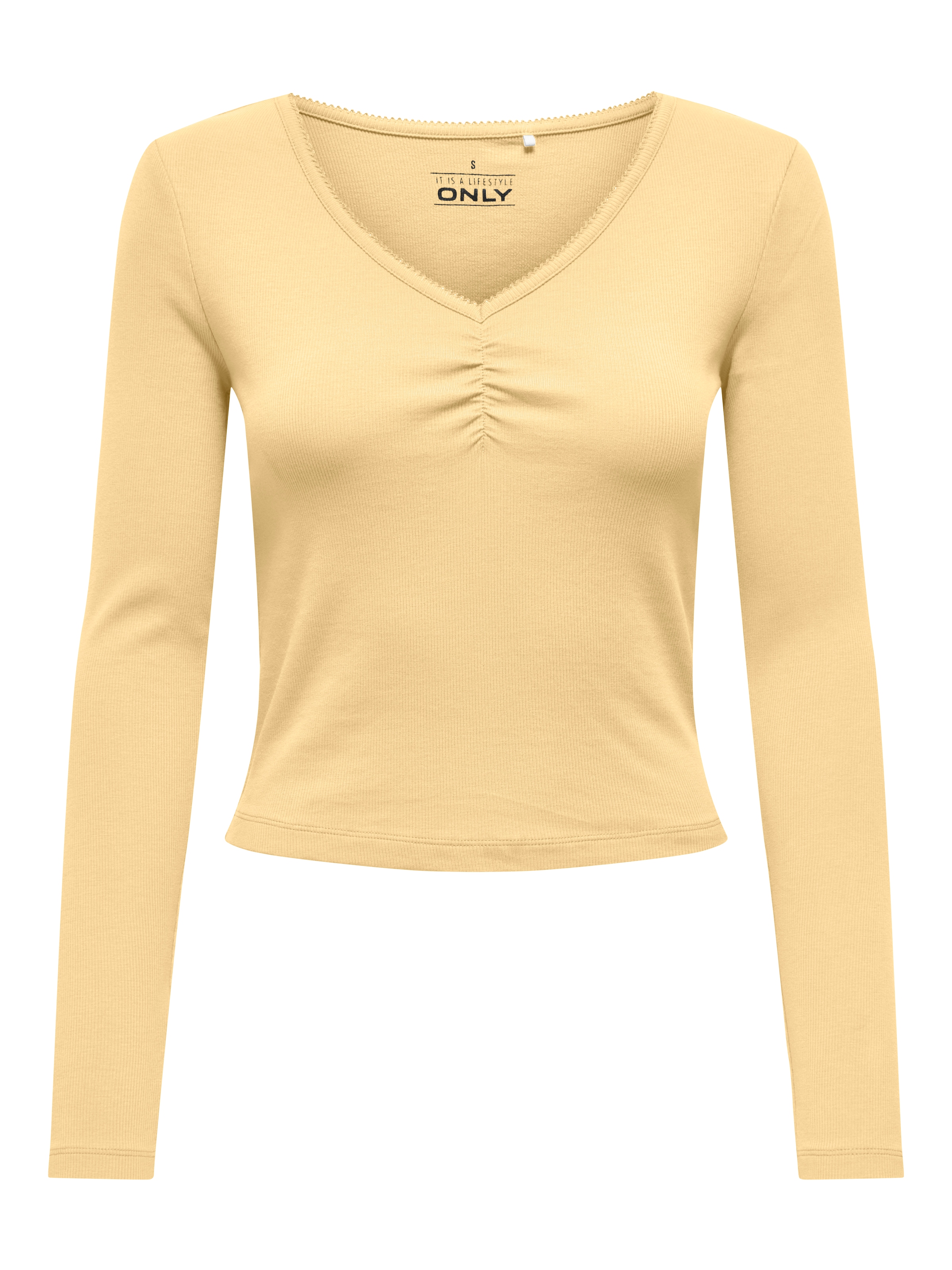 ONLY T-shirt à manches longues »ONLBETTY LIFE L/S SCALLOP V-NECK CC JRS« avec fronces au décolleté