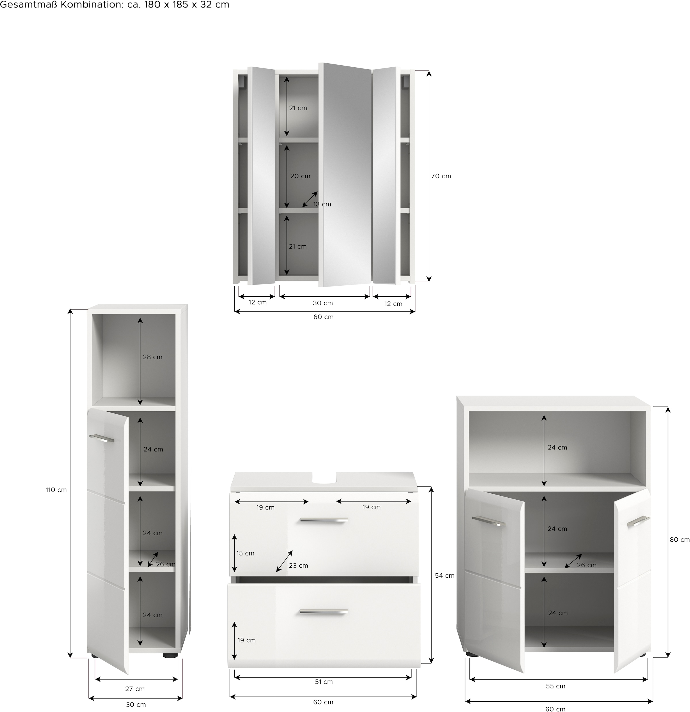 welltime Badmöbel-Set »FLORENZ, TOPSELLER!, 4-teilige Badkombination, hochwertige MDF-Front« Set, Midischrank hoch, WBU, Spiegelschrank, Midischrank breit, 