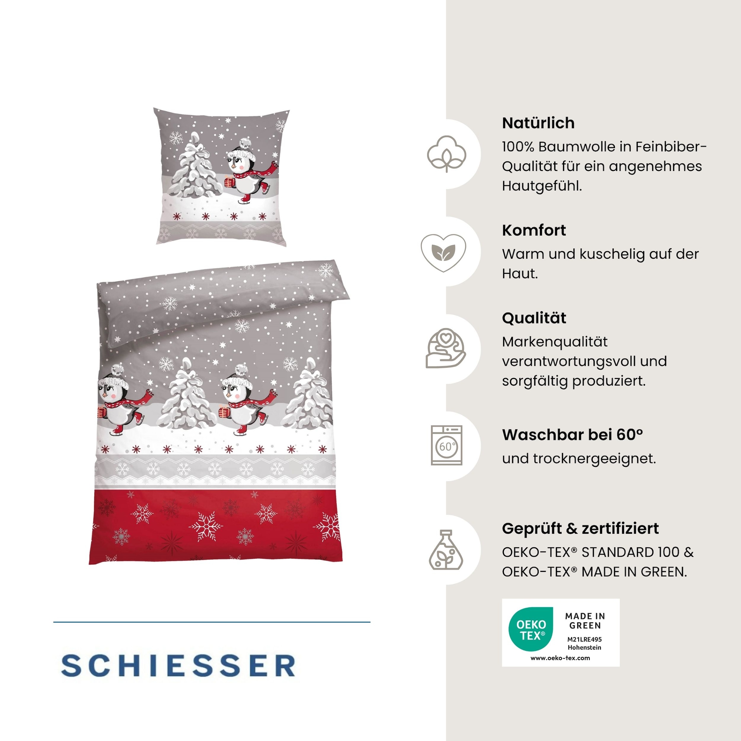 Schiesser Bettwäsche »Telso aus weicher Baumwolle mit süssen Pinguinen« 2 Stk. OEKO-TEX® MADE IN GREEN