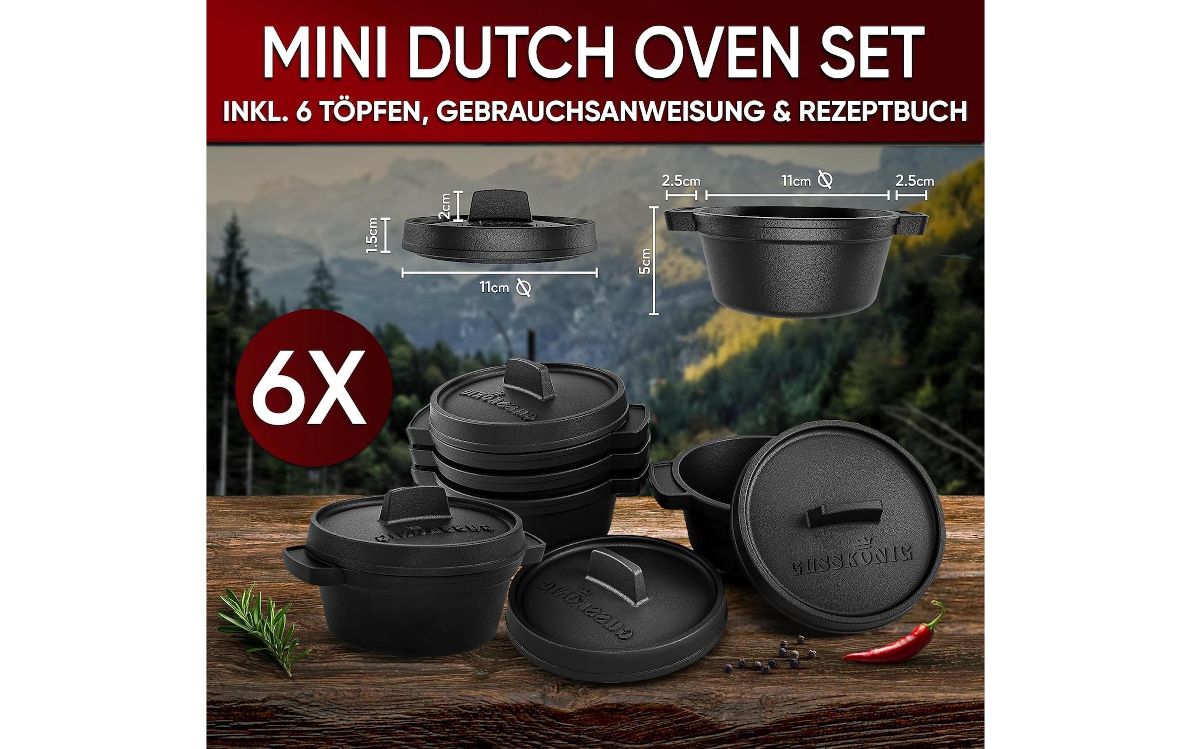   Grilltopf »Gusskoenig Mini Dutch Set 6 Töpfe, Rezeptbuch« Gusseisen