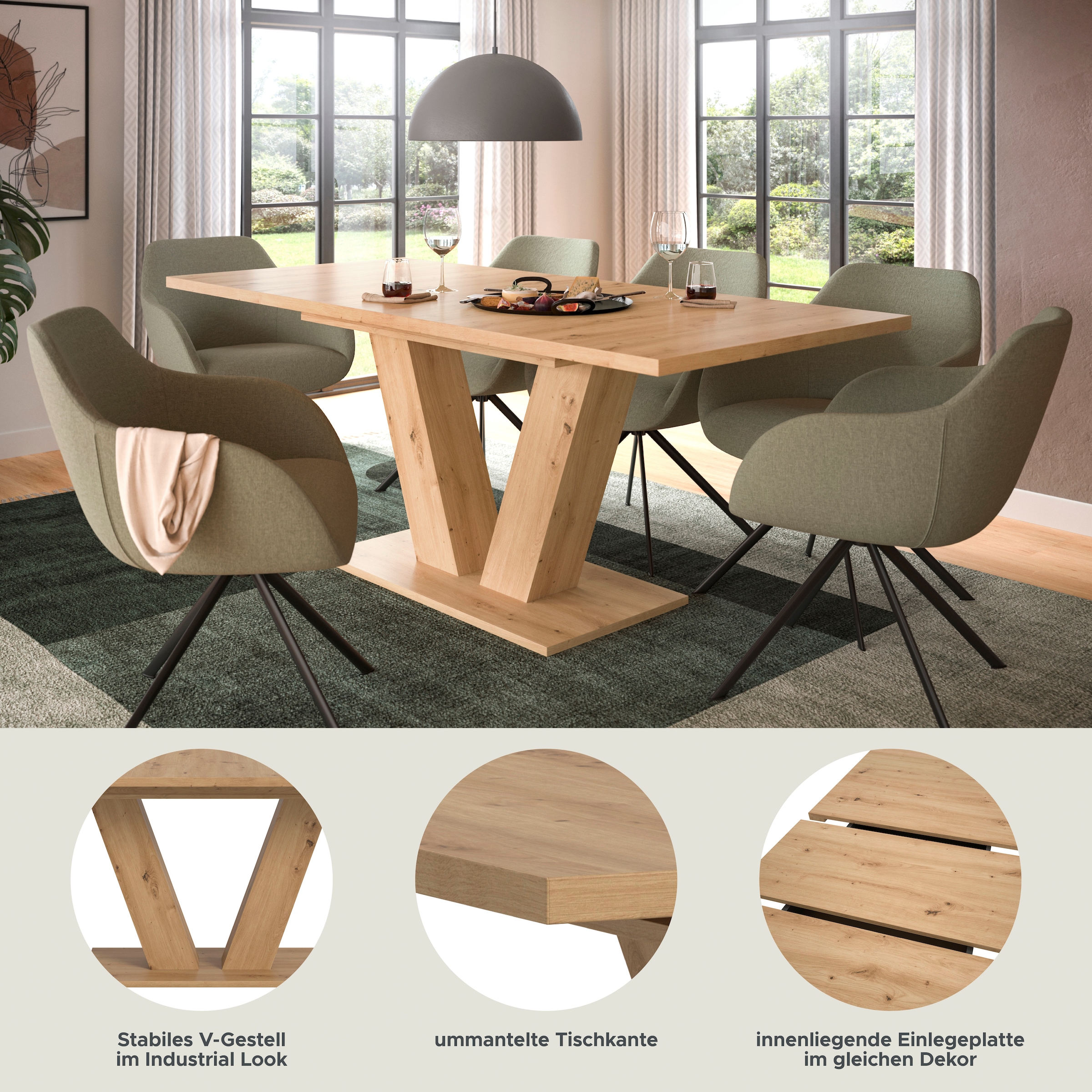 INOSIGN Esstisch »Motus, ausziehbar 150 -190 cm, inklusive 40 cm Einlegeplatte« Set, 1 Stk. tlg. V-Gestell mit Bodenplatte, Tisch, Küchentisch, Esszimmer, Küche