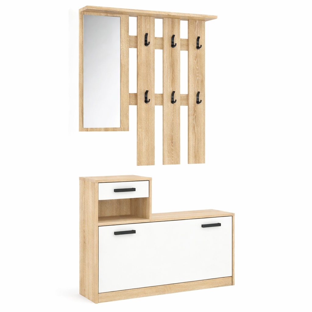GOODproduct Garderoben-Set »Luna Kommode mit 1 Klappe + 1 Schubkasten, Paneel mit Spiegel 6 Haken« 2 Stk. tlg.