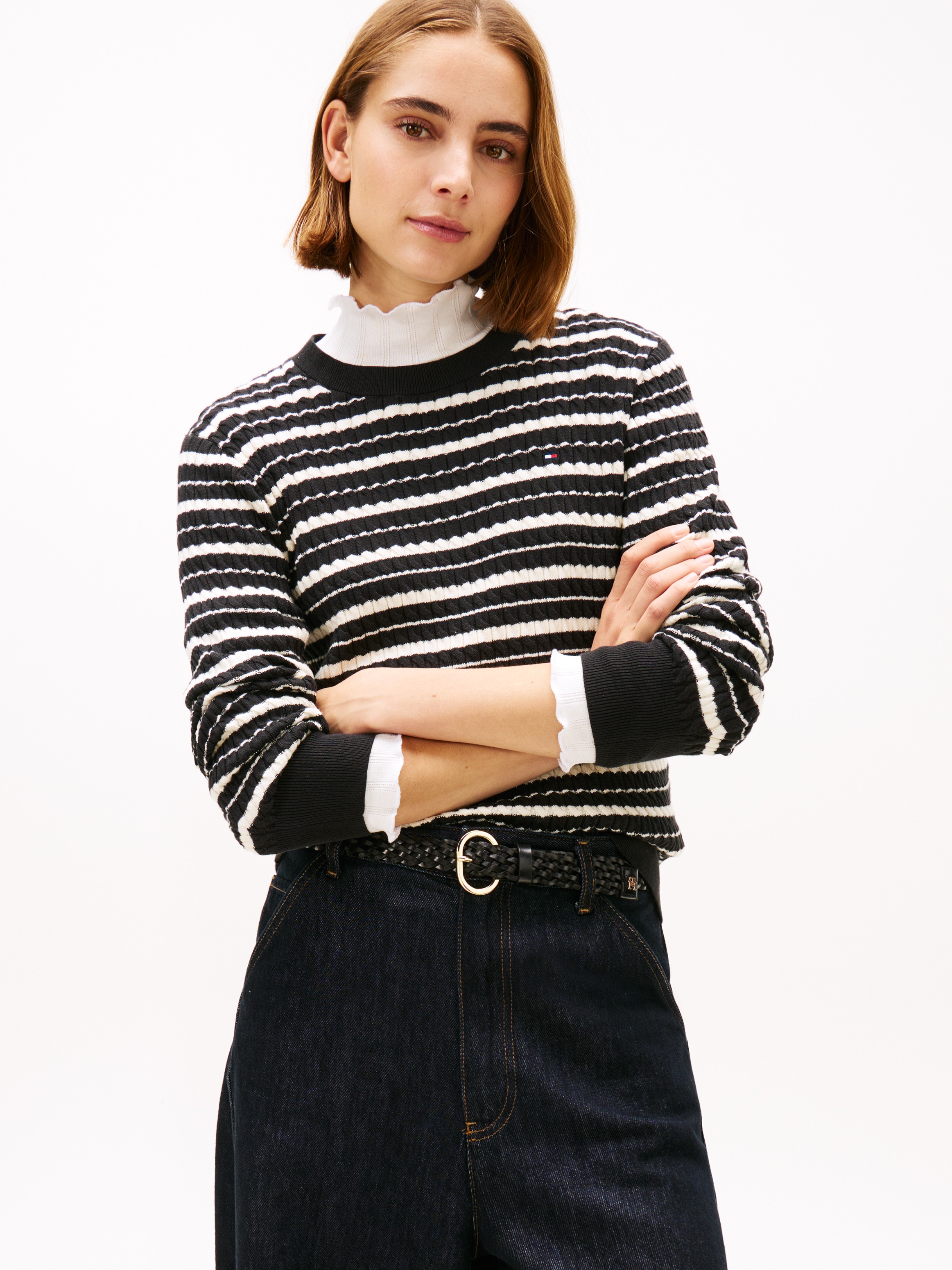 Tommy Hilfiger Pull à col rond »CO CABLE C-NK LS SWEATER« Baumwolle, mit Zopfmuster, Regular Fit