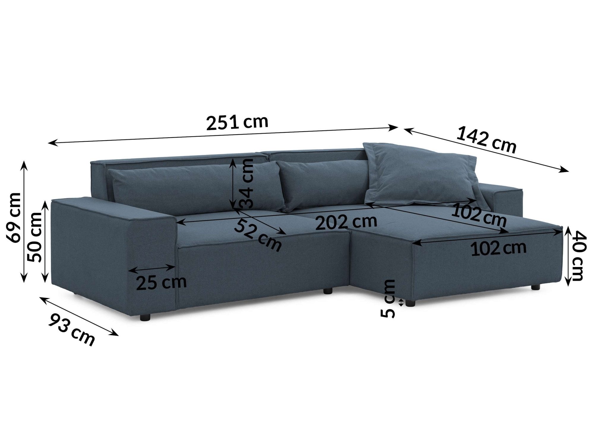 GOODproduct Canapé d'angle »KINLEE Design-Sofa mit Recamiere rechts/links, Masse B/T/H 251/144/70cm« L-Form mit Wellenunterfederung, ohne Bettfunktion, modern und beguem